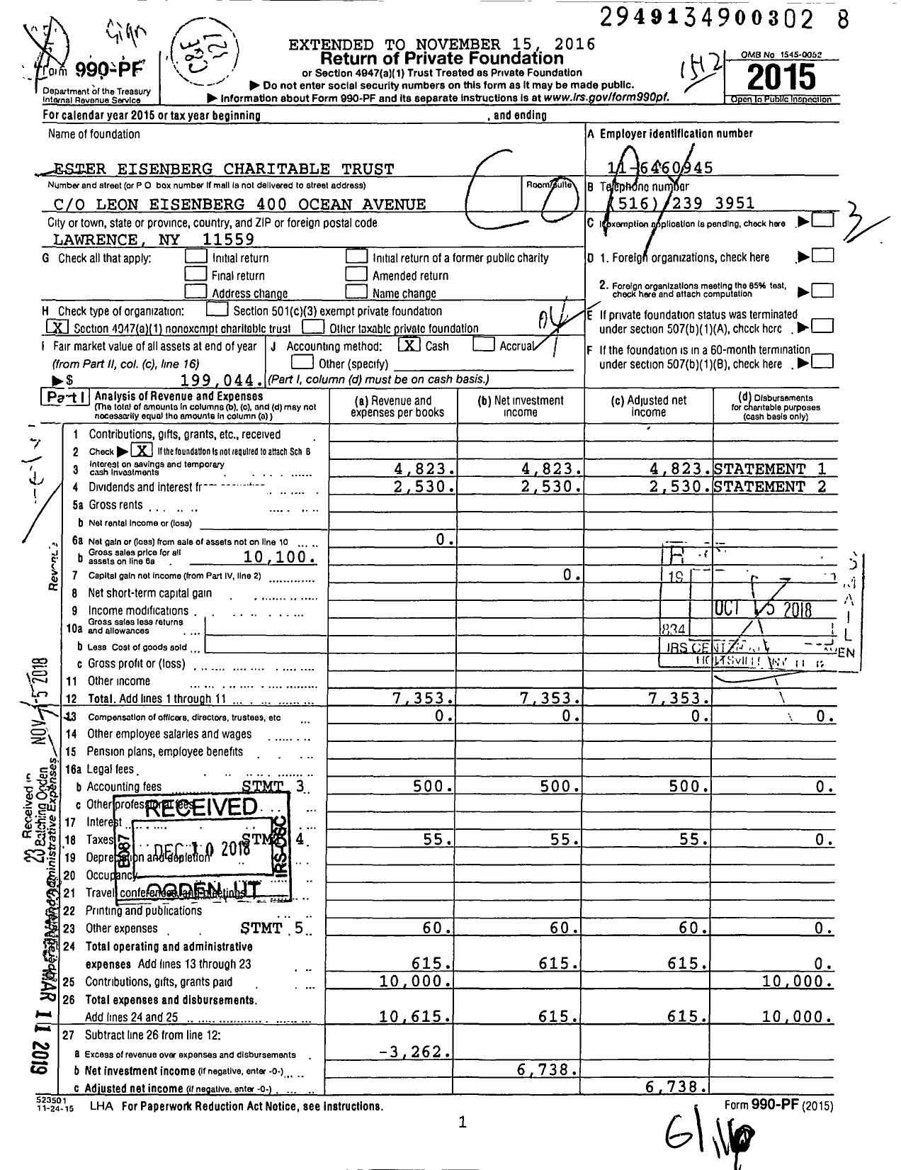 Image of first page of 2015 Form 990PF for Ester Eisenberg Charitable Trust