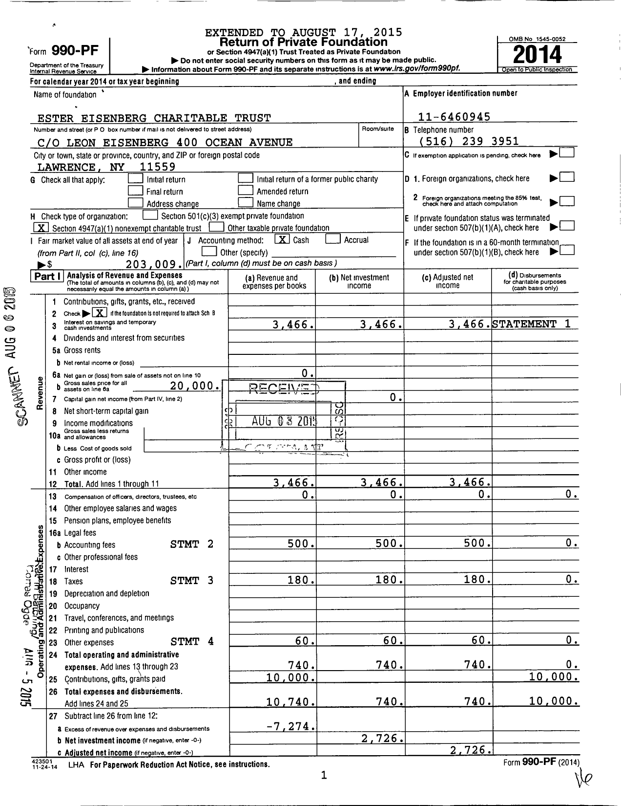 Image of first page of 2014 Form 990PF for Ester Eisenberg Charitable Trust
