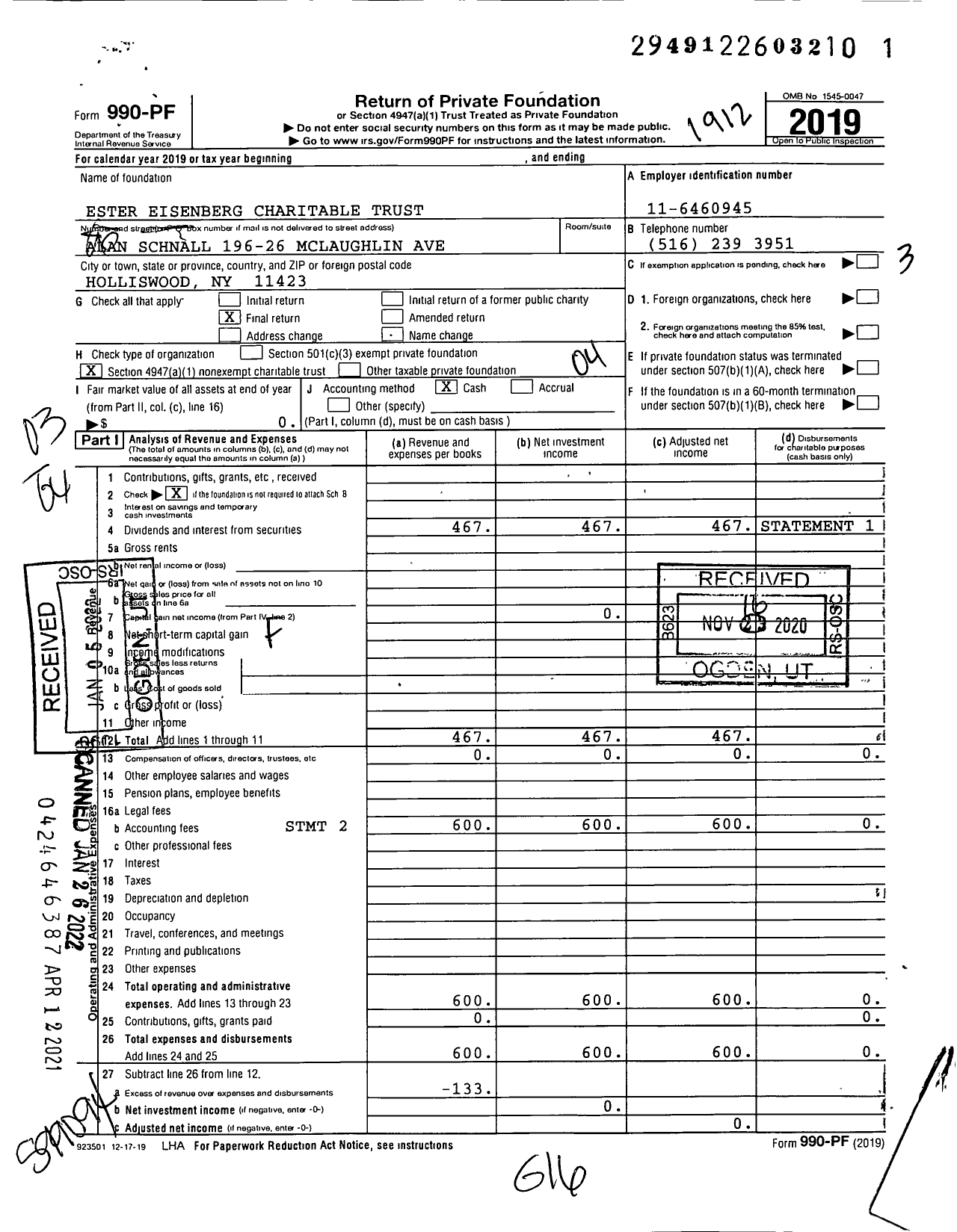 Image of first page of 2019 Form 990PF for Ester Eisenberg Charitable Trust