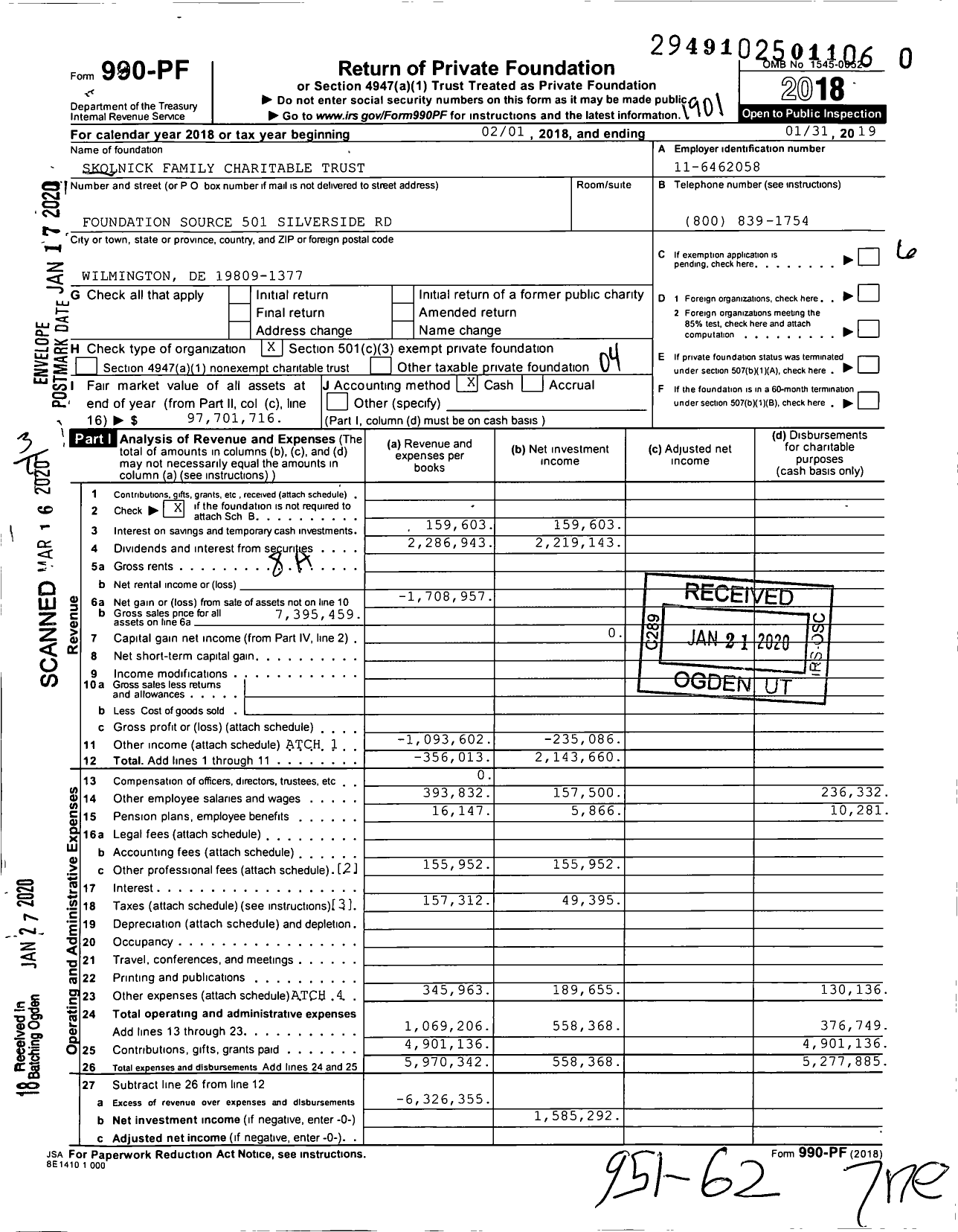 Image of first page of 2018 Form 990PR for Skolnick Family Charitable Trust