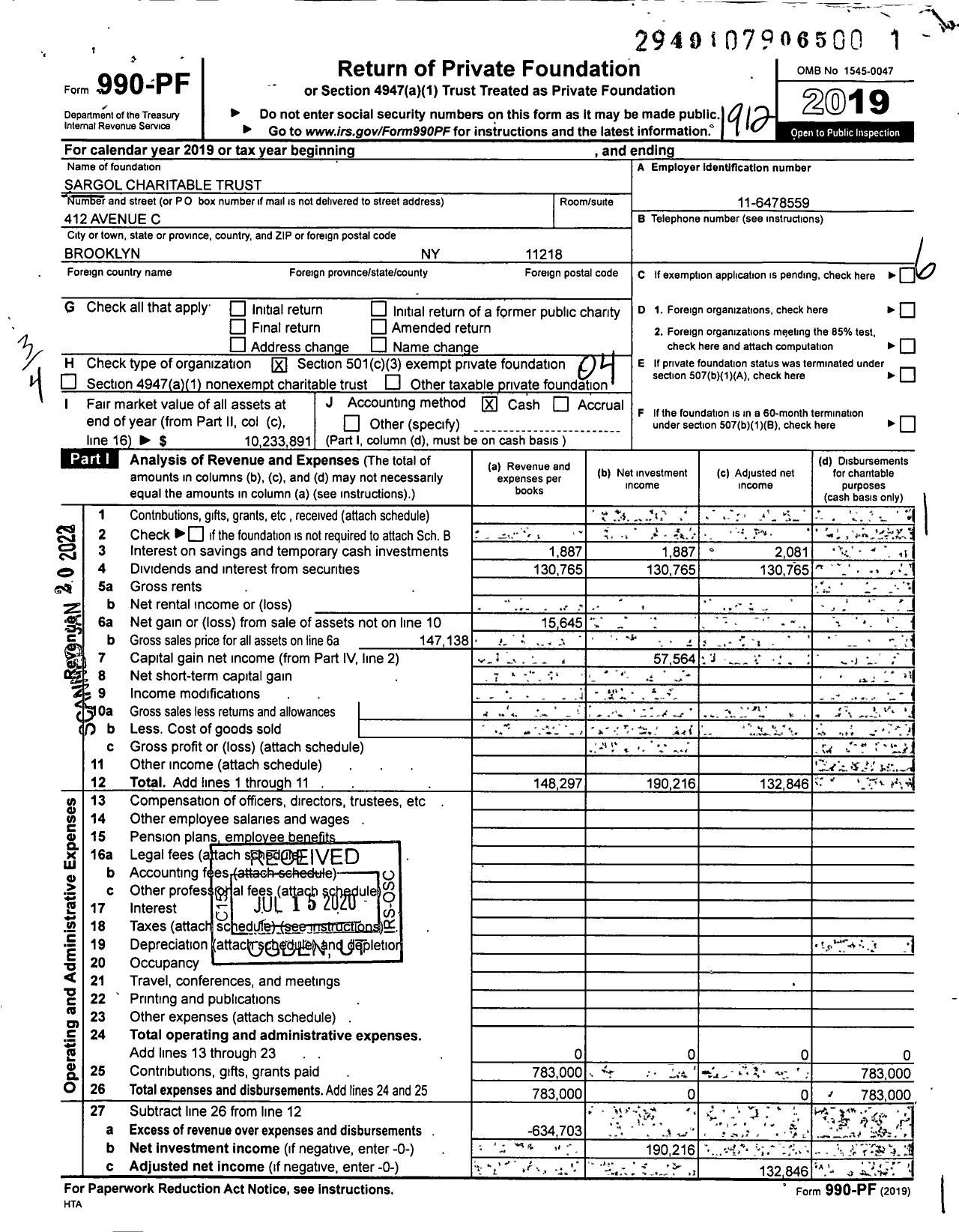 Image of first page of 2019 Form 990PF for Sargol Charitable Trust