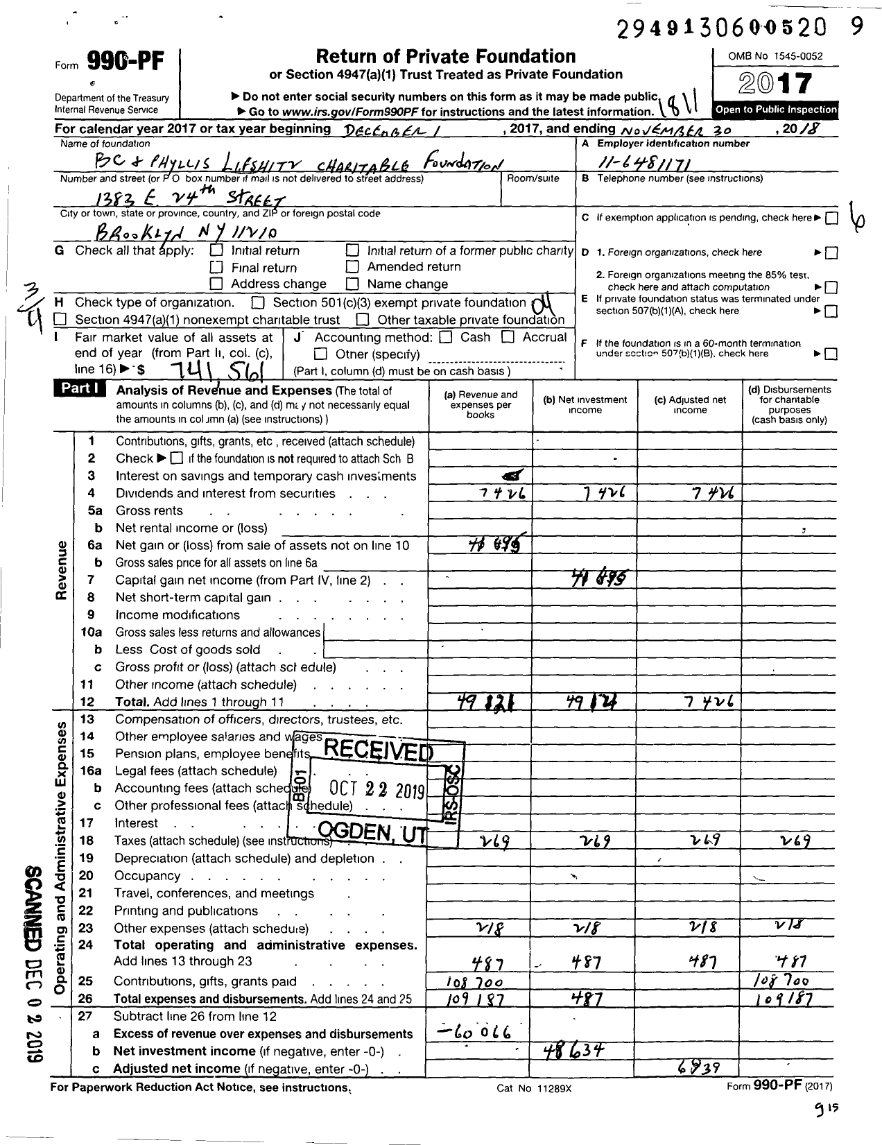 Image of first page of 2017 Form 990PF for BC C and Phyllis Lifshitz Charitable Foundation Trust