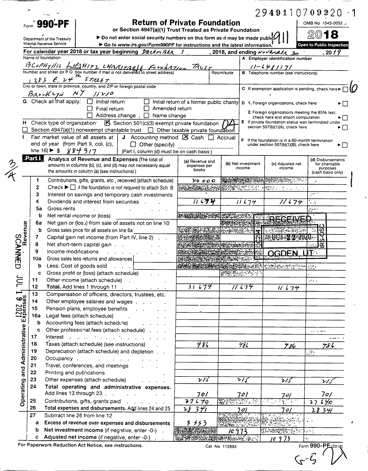 Image of first page of 2018 Form 990PF for BC C and Phyllis Lifshitz Charitable Foundation Trust