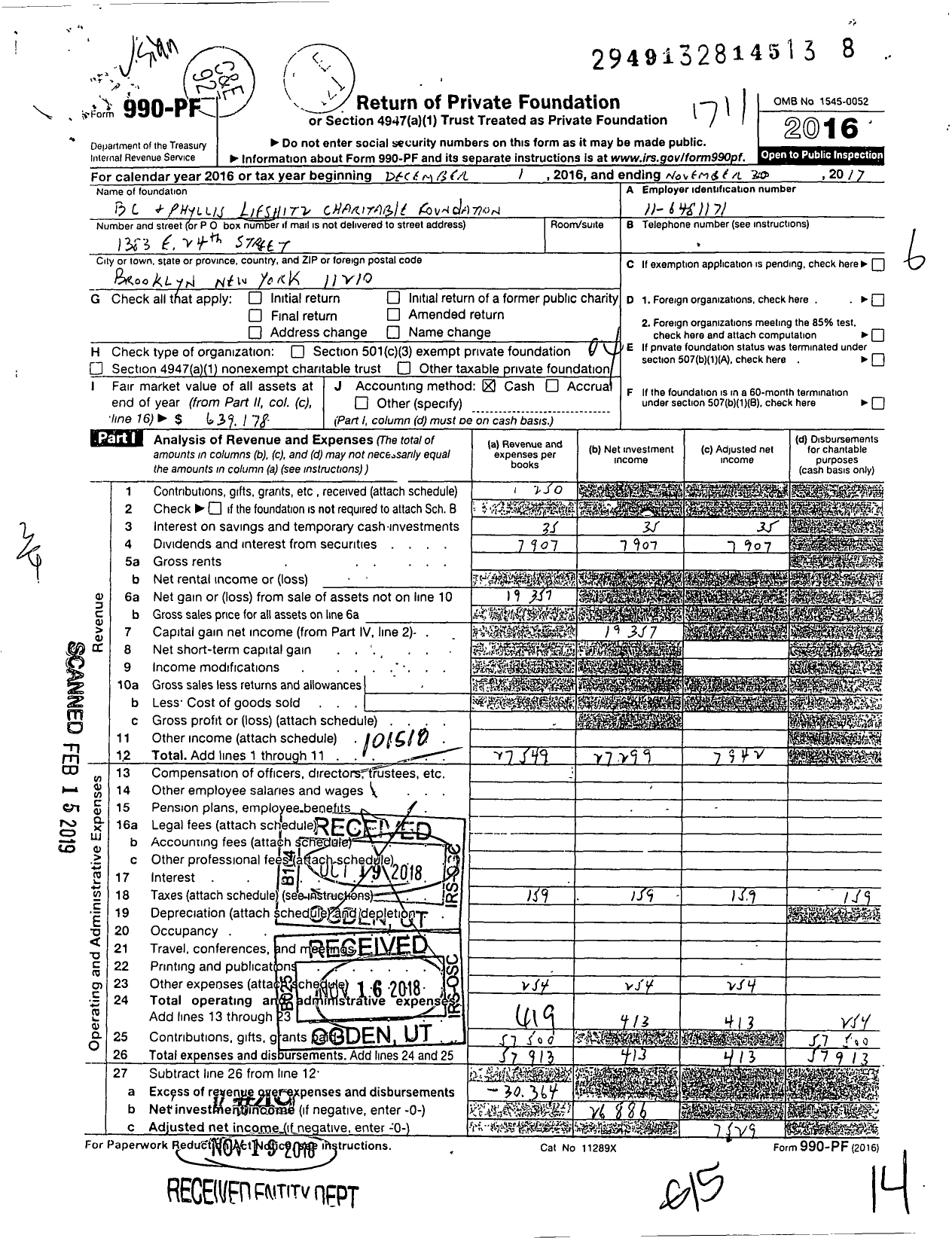 Image of first page of 2016 Form 990PF for BC C and Phyllis Lifshitz Charitable Foundation Trust