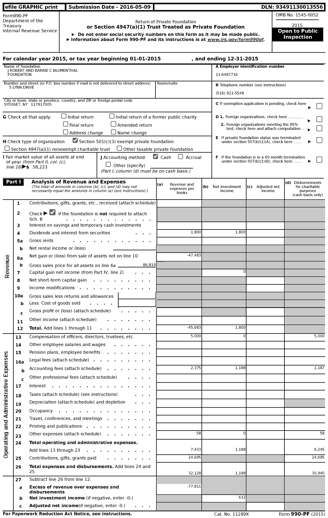 Image of first page of 2015 Form 990PF for J Robert and Barrie C Blumenthal Foundation