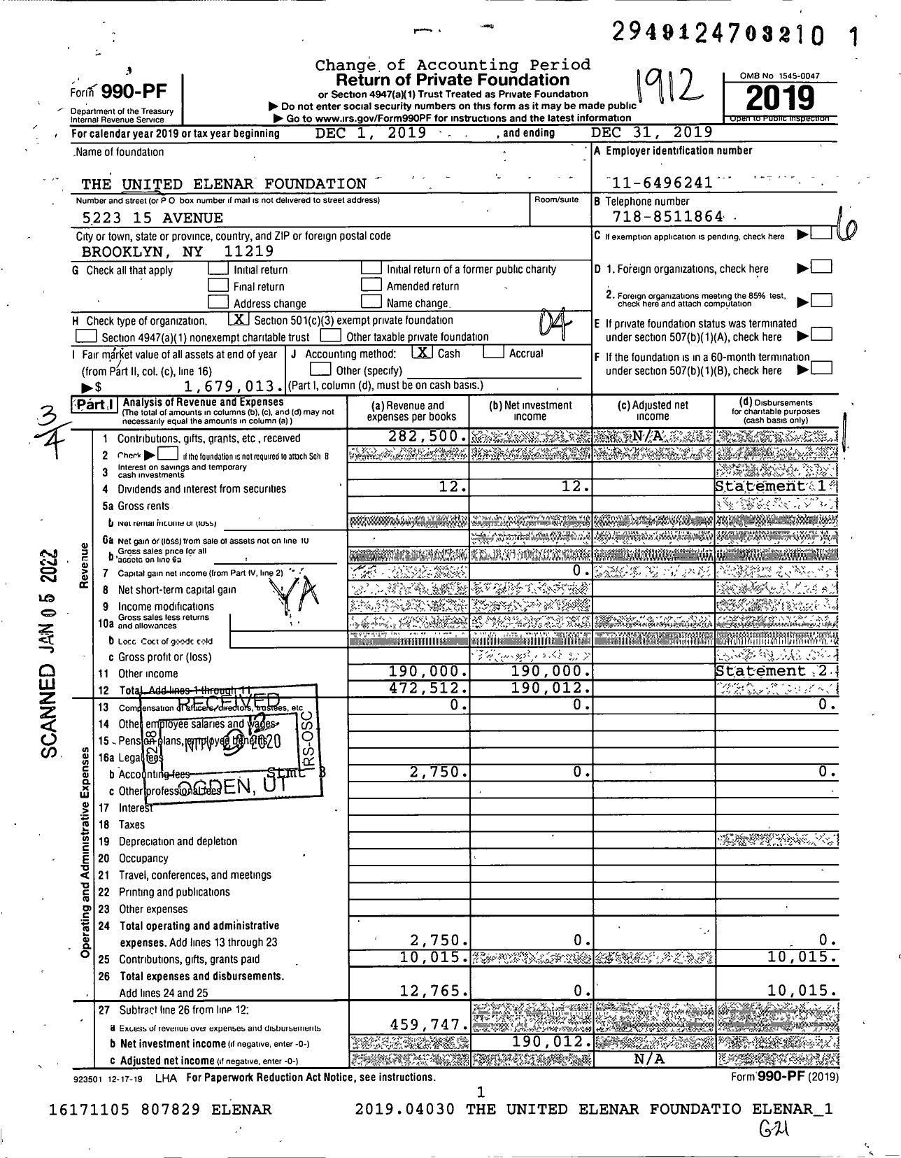 Image of first page of 2019 Form 990PF for The United Elenar Foundation