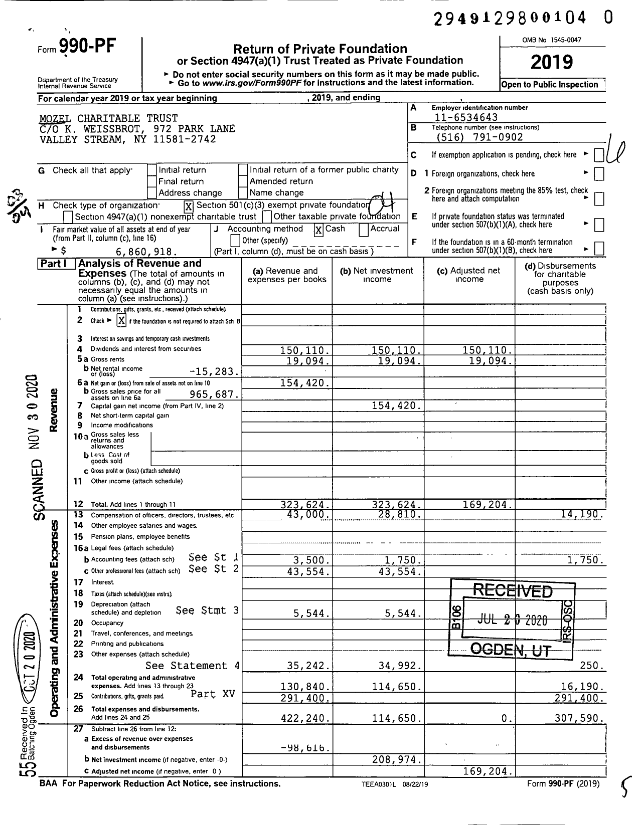 Image of first page of 2019 Form 990PF for Mozel Charitable Trust