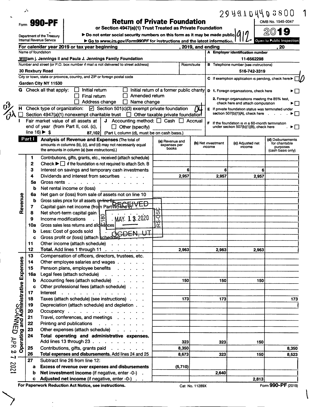 Image of first page of 2019 Form 990PF for The William J Jennings Ii and Paula J Jennings Family Foundation