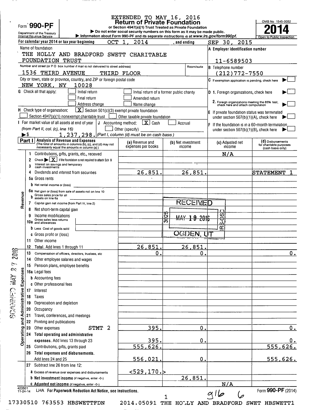 Image of first page of 2014 Form 990PF for The Holly and Bradford Swett Charitable Foundation Trust