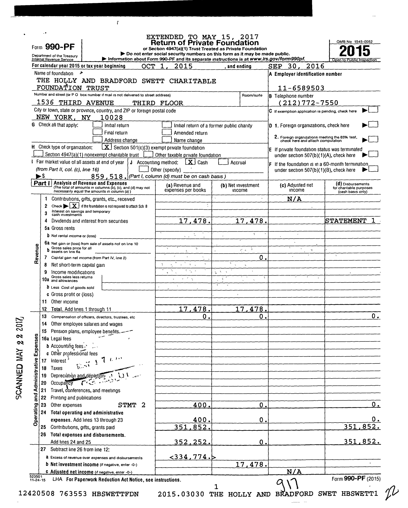 Image of first page of 2015 Form 990PF for The Holly and Bradford Swett Charitable Foundation Trust
