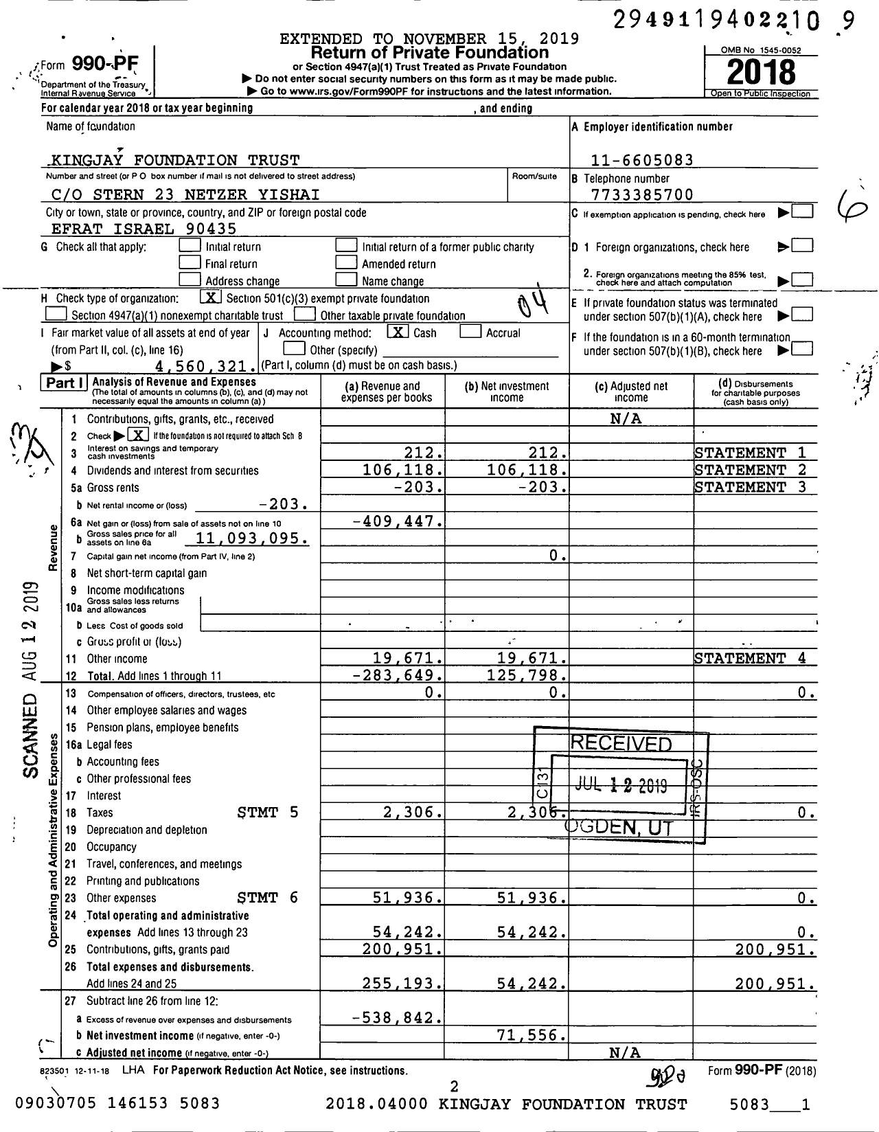 Image of first page of 2018 Form 990PF for Kingjay Foundation Trust