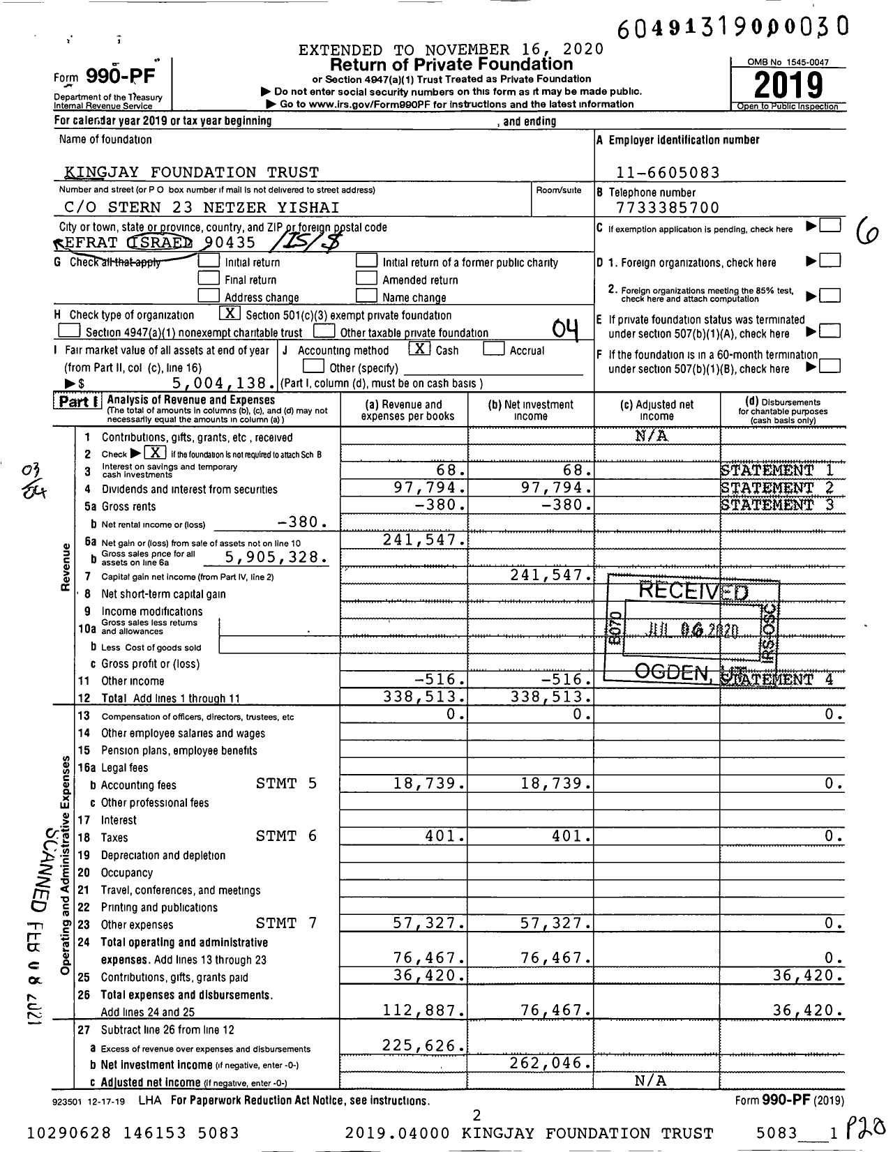 Image of first page of 2019 Form 990PF for Kingjay Foundation Trust