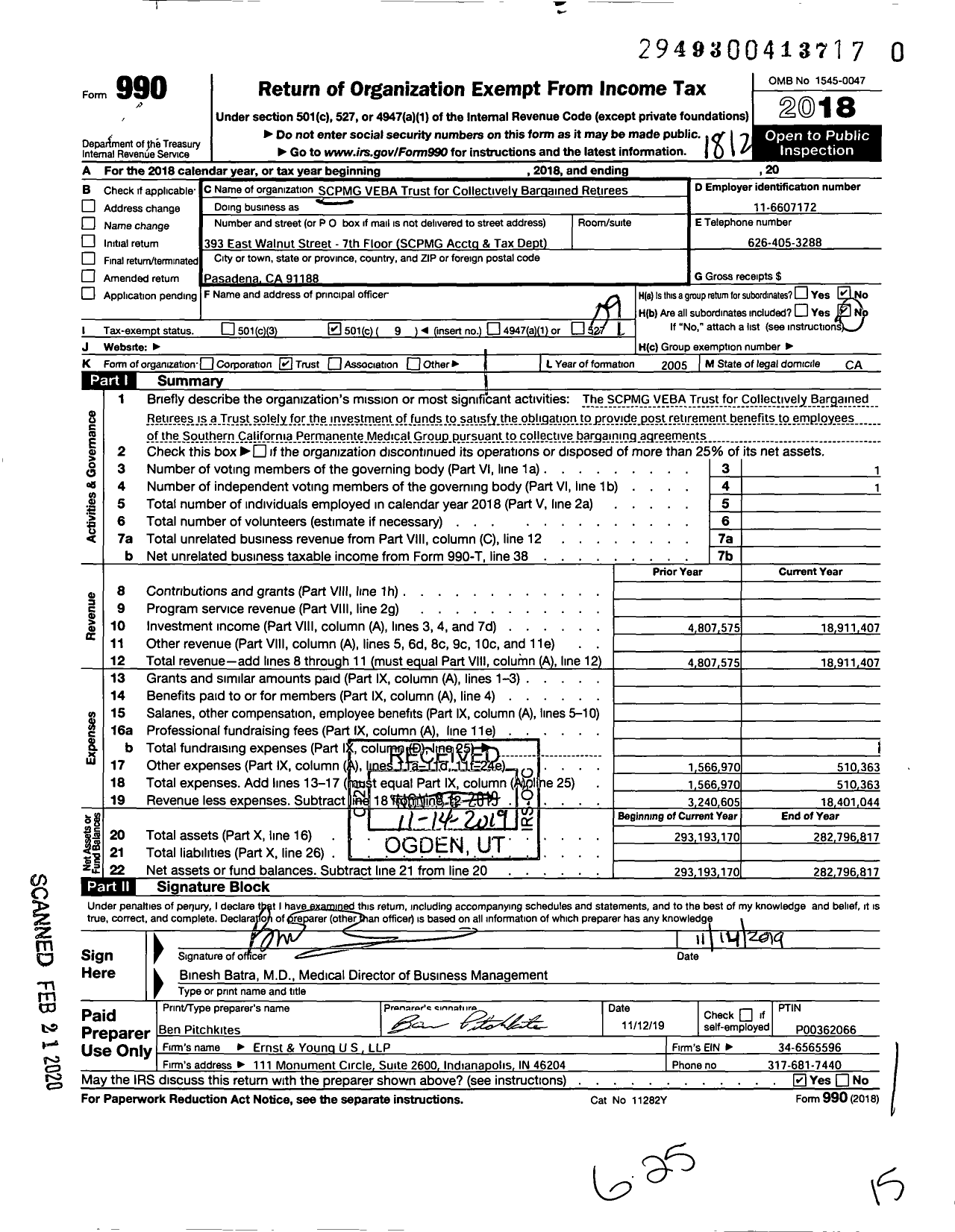 Image of first page of 2018 Form 990O for SCPMG VEBA Trust for Collectively Bargained Retirees