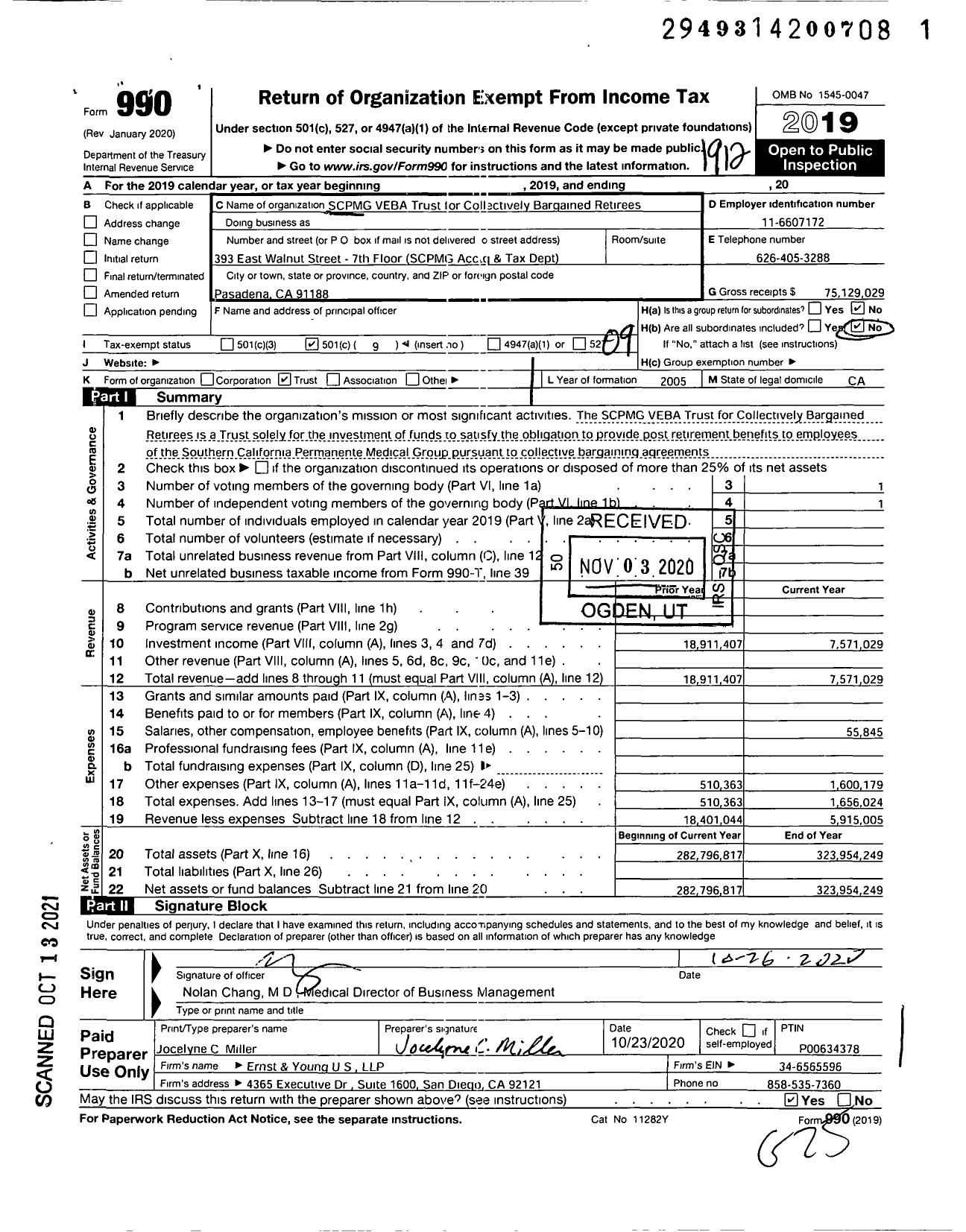 Image of first page of 2019 Form 990O for SCPMG VEBA Trust for Collectively Bargained Retirees