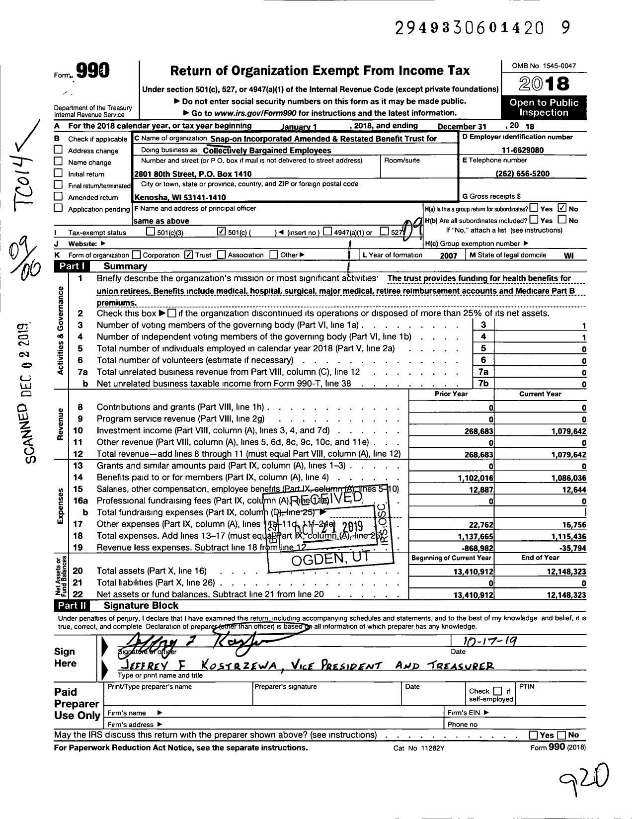 Image of first page of 2018 Form 990O for Snap-On Incorporated Amended and Restated Benefit Trust for Collectively Bargained Employees
