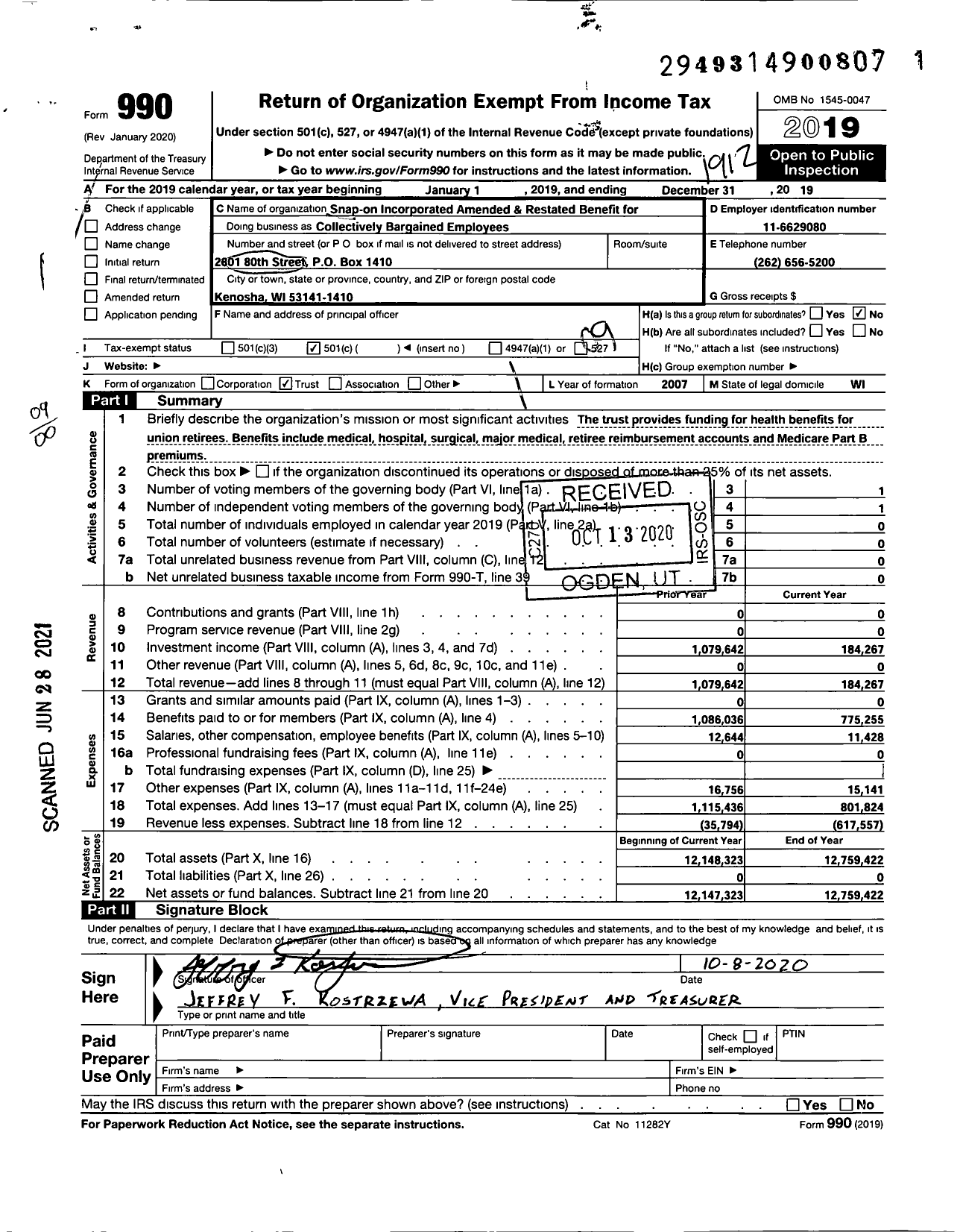Image of first page of 2019 Form 990O for Snap-On Incorporated Amended and Restated Benefit Trust for Collectively Bargained Employees