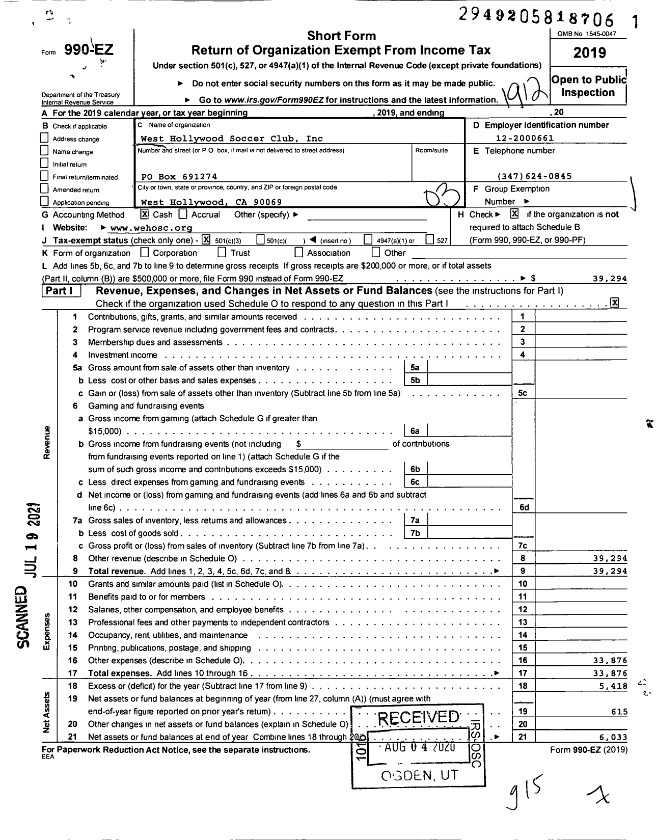 Image of first page of 2019 Form 990EZ for West Hollywood Soccer Club