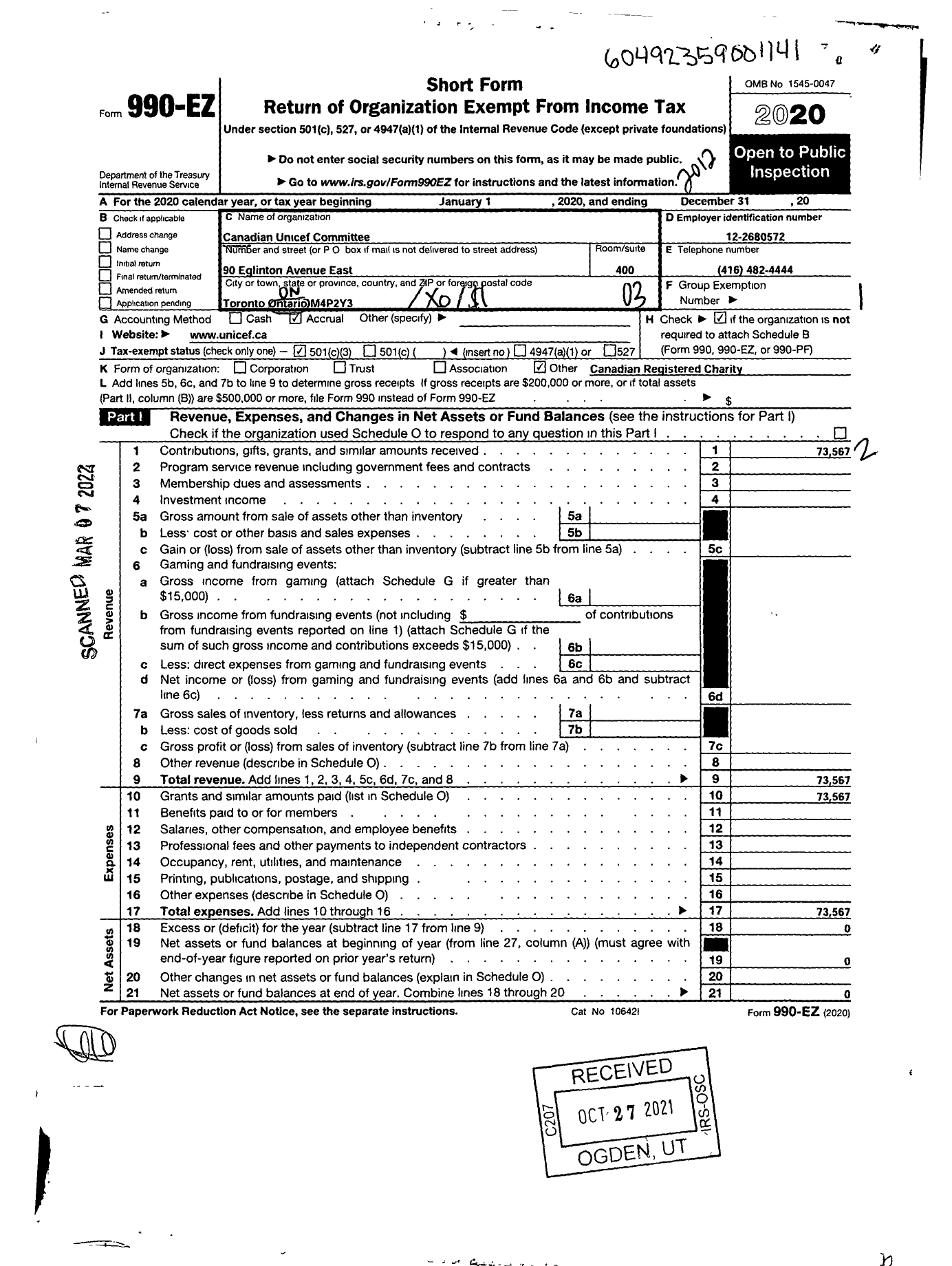 Image of first page of 2020 Form 990EZ for Canadian Unicef Committee-Comite Unicef Canada