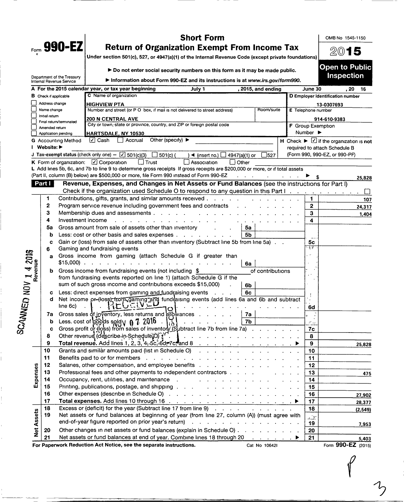 Image of first page of 2015 Form 990EZ for PTA New York Congress / 018-340 Highview PTA