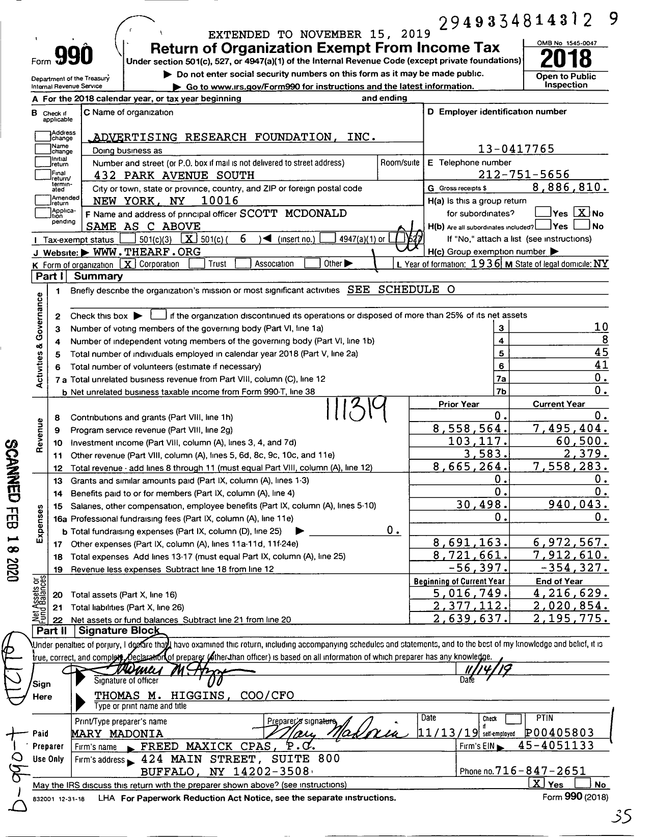 Image of first page of 2018 Form 990O for Advertising Research Foundation