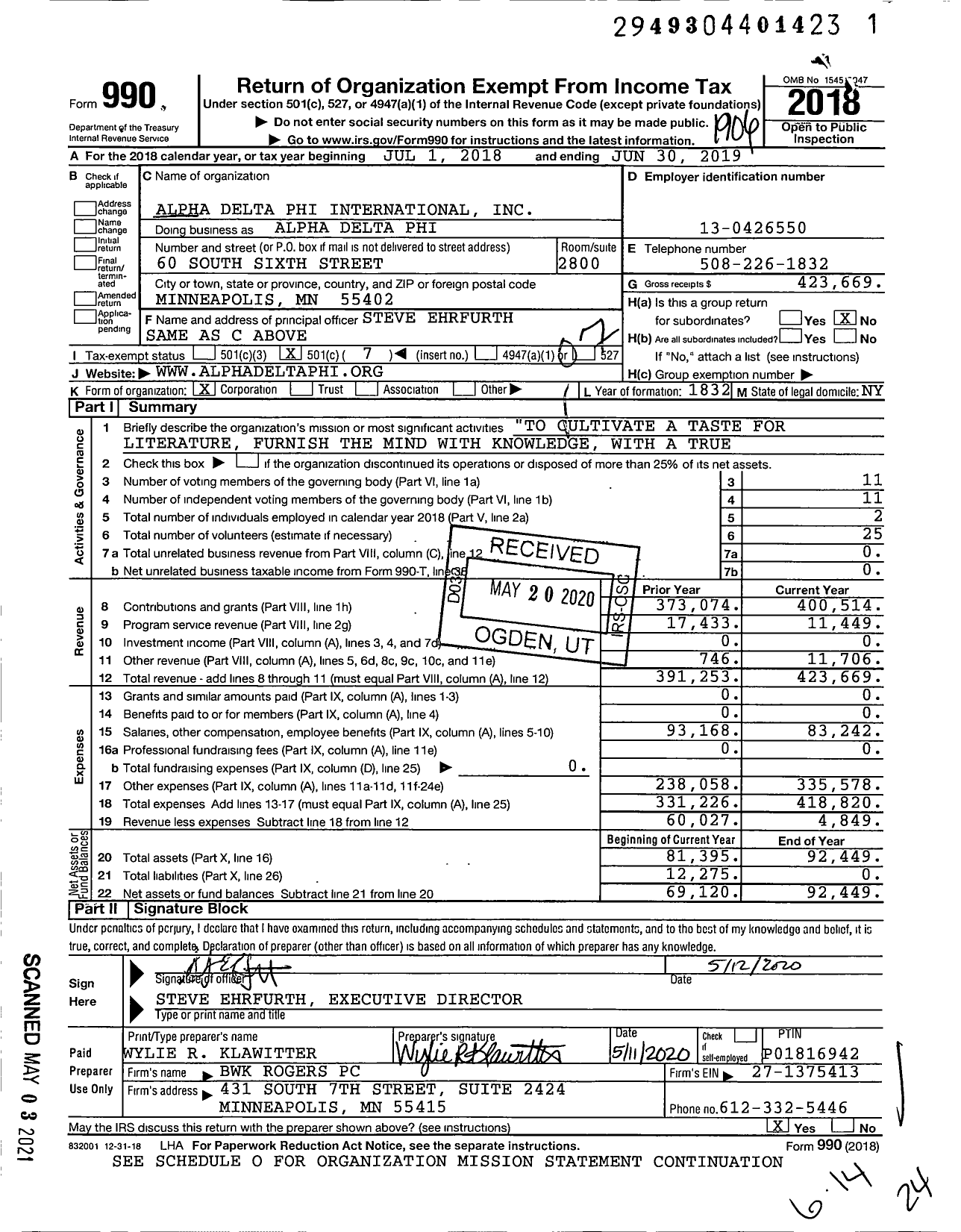 Image of first page of 2018 Form 990O for Alpha Delta Phi