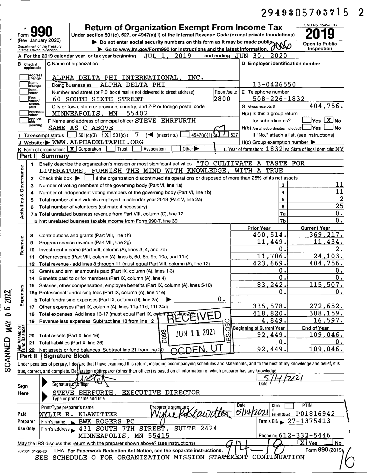 Image of first page of 2019 Form 990O for Alpha Delta Phi