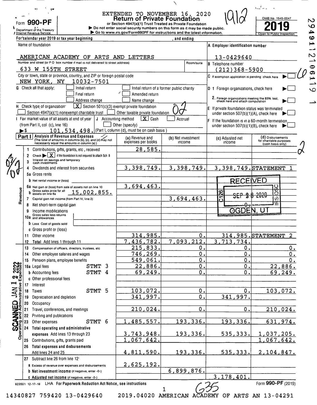 Image of first page of 2019 Form 990PF for American Academy of Arts and Letters