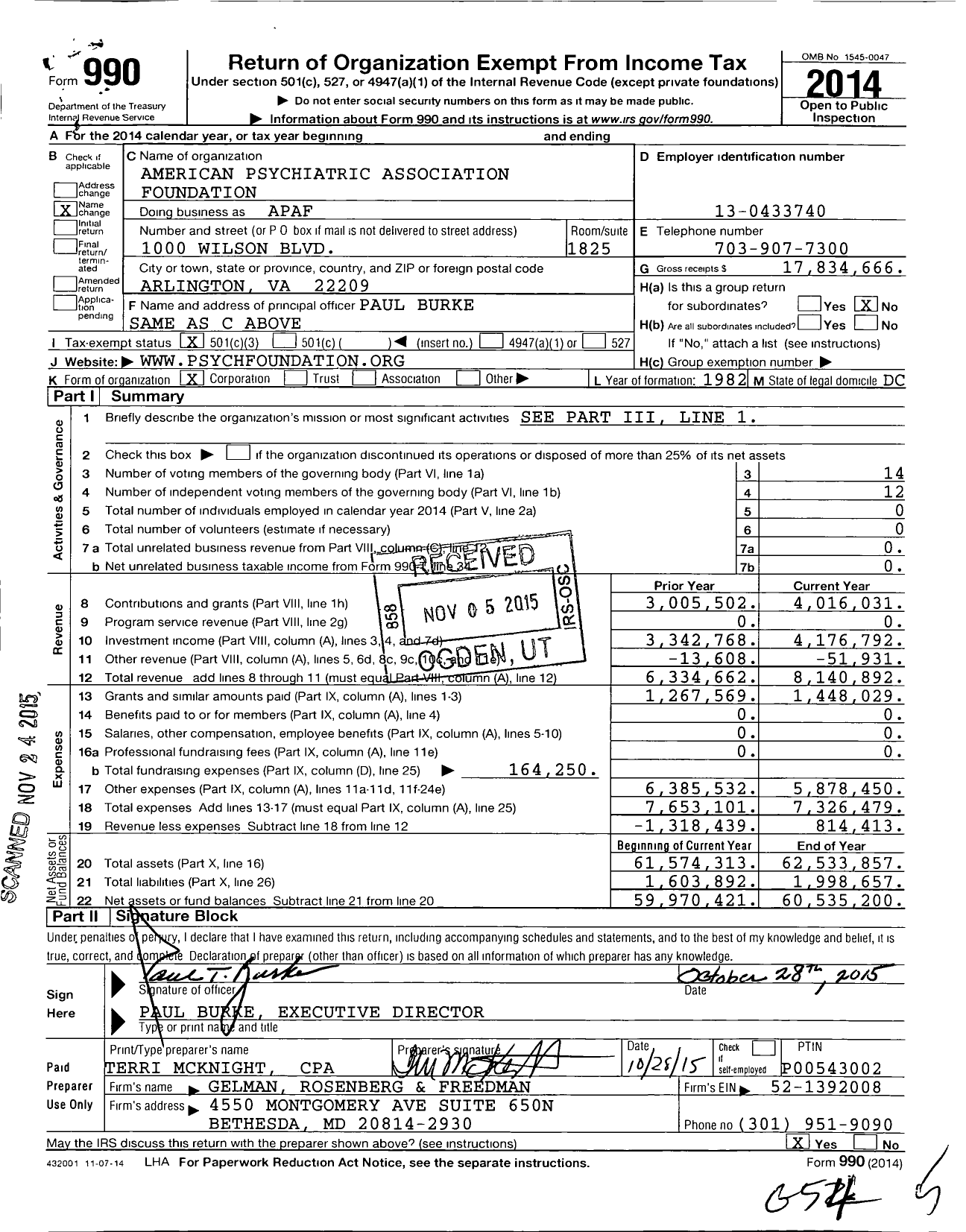 Image of first page of 2014 Form 990 for American Psychiatric Association Foundation (APAF)