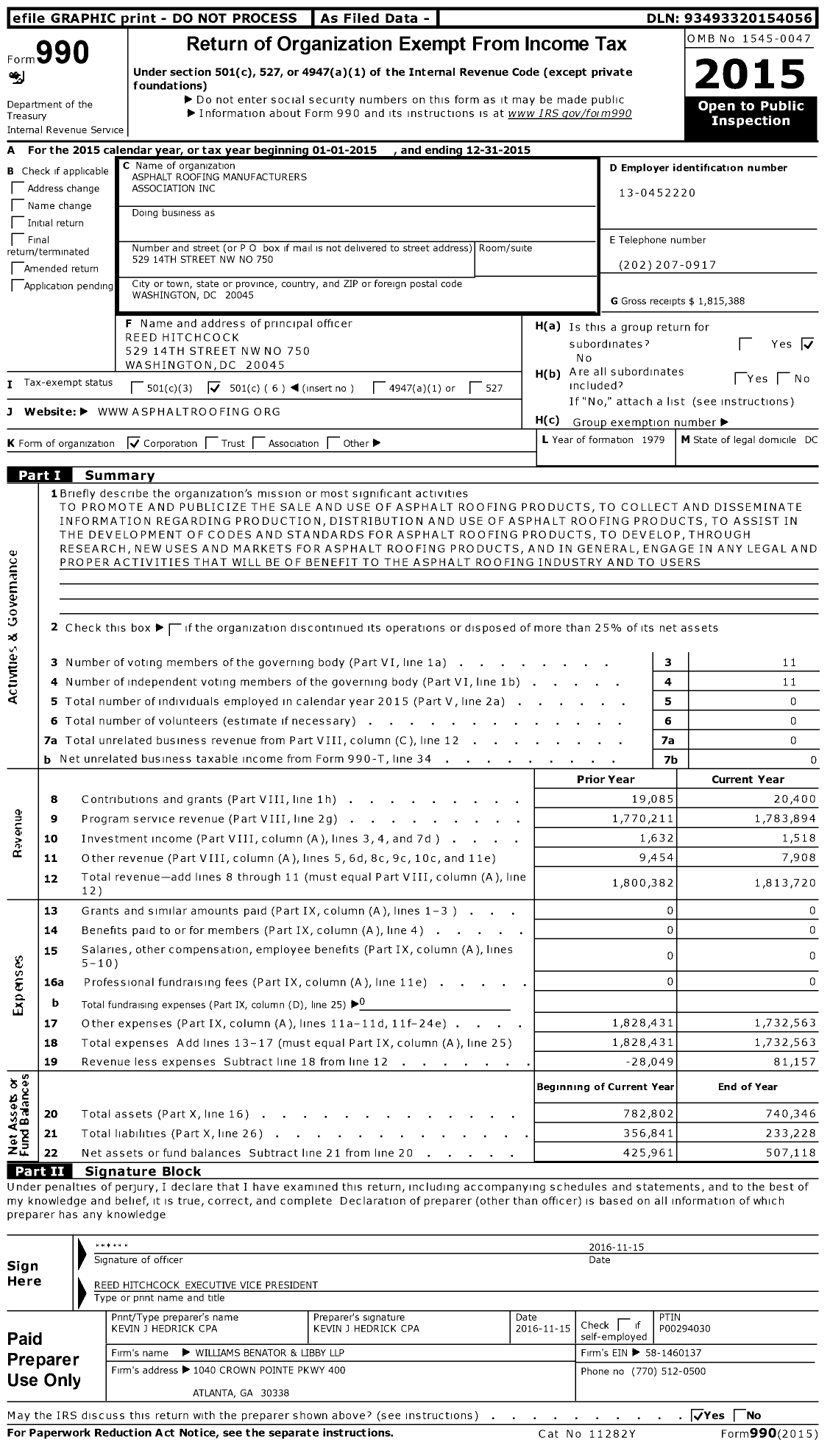 Image of first page of 2015 Form 990O for Asphalt Roofing Manufacturers Association (ARMA)