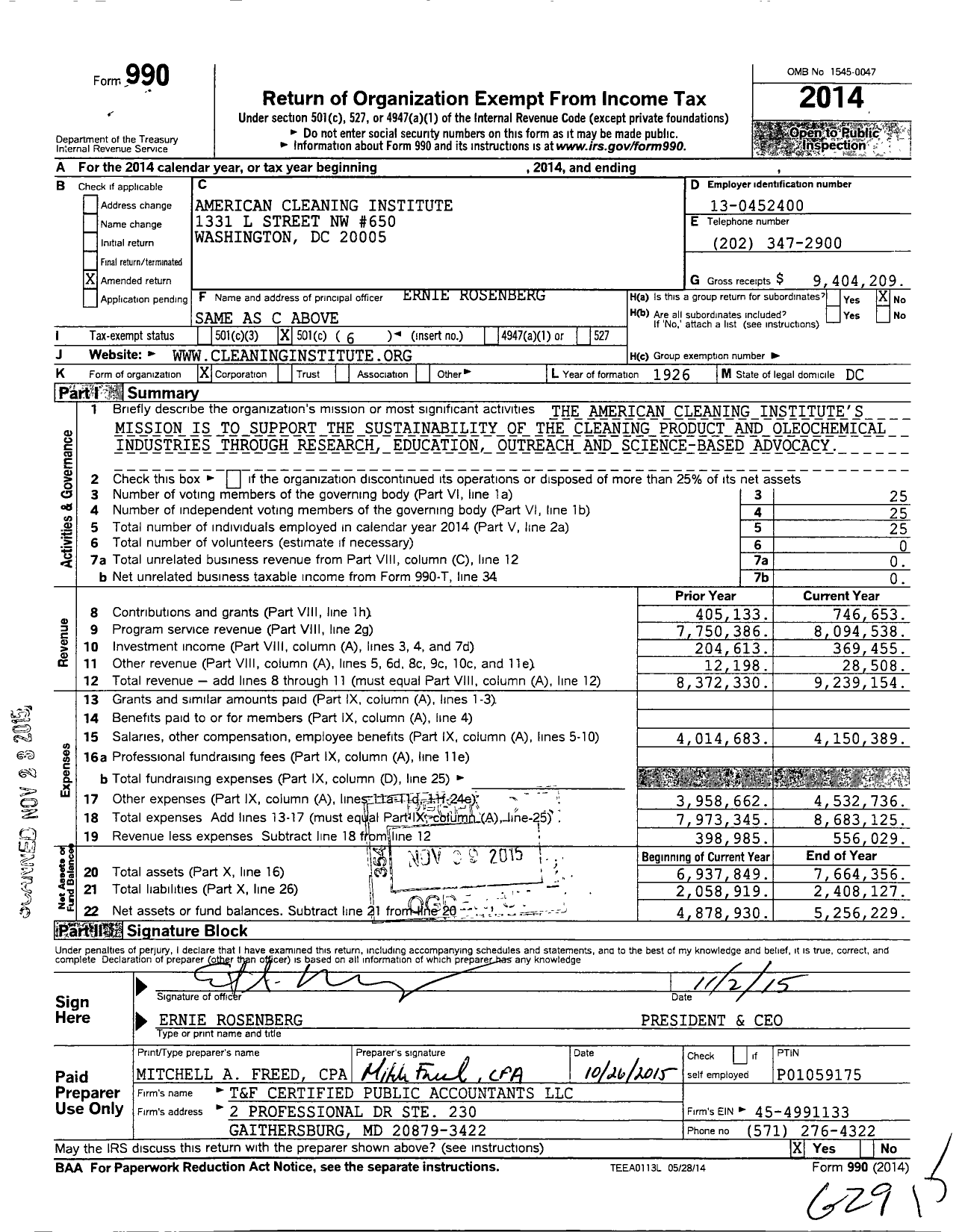 Image of first page of 2014 Form 990O for American Cleaning Institute (ACI)