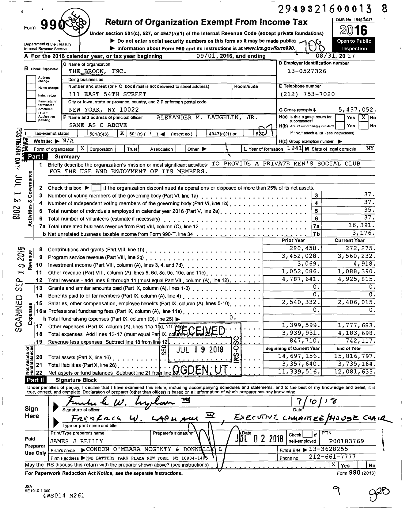 Image of first page of 2016 Form 990O for The Brook