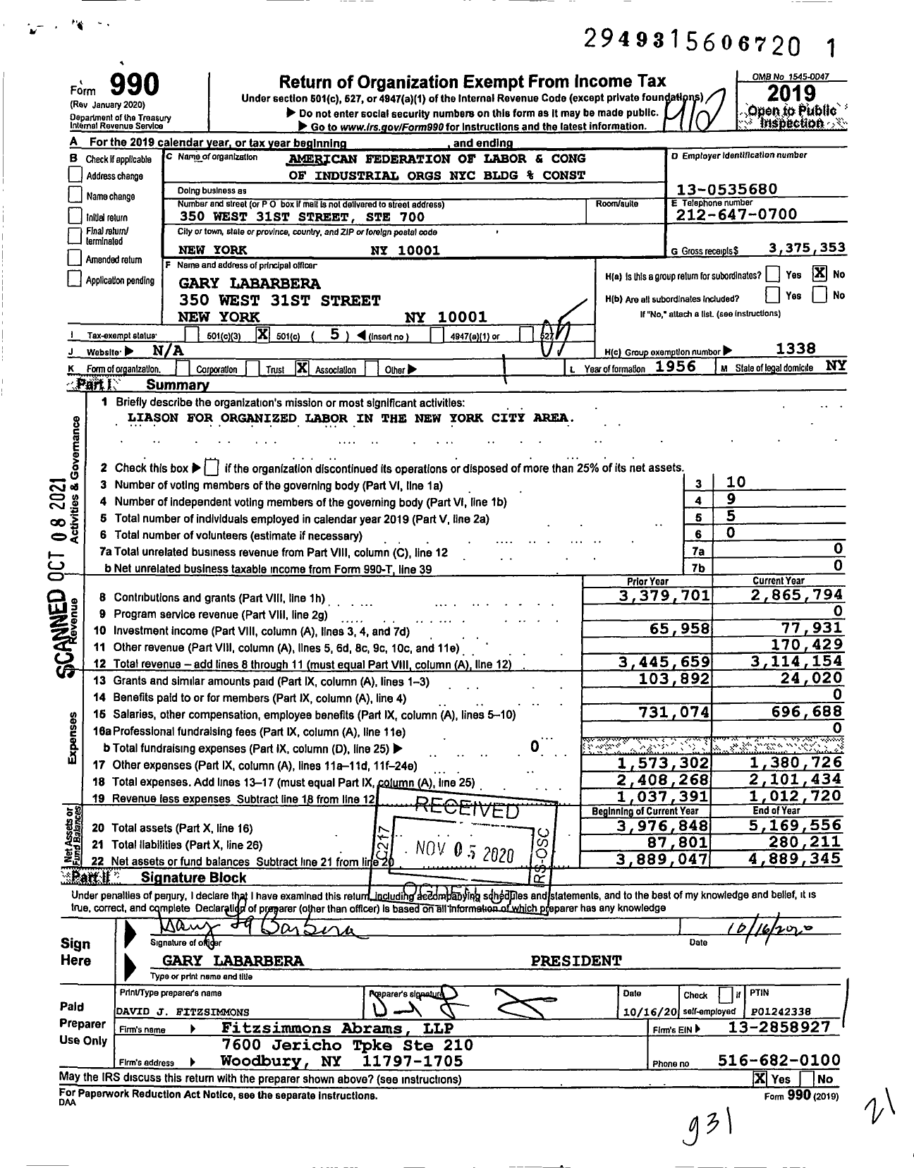 Image of first page of 2019 Form 990O for Building and Construction Trades Council of Greater New York