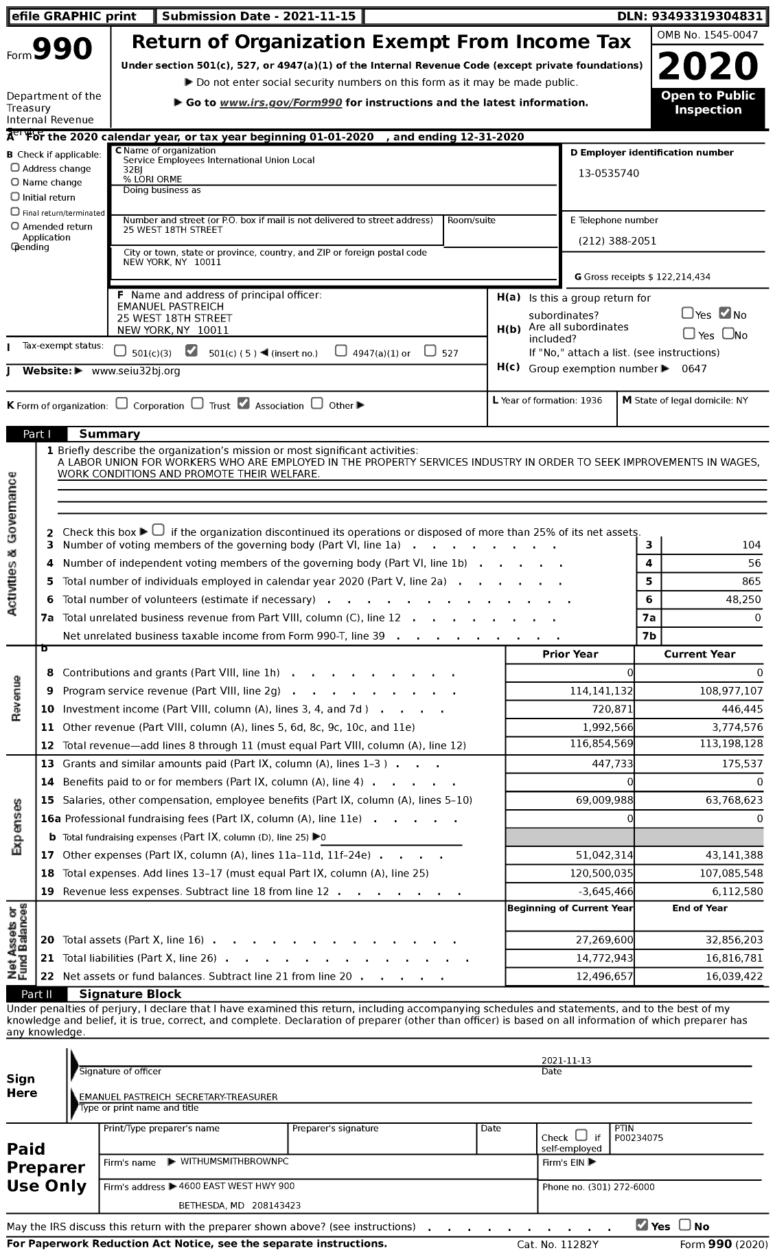 Image of first page of 2020 Form 990 for Service Employees International Union Local 32BJ