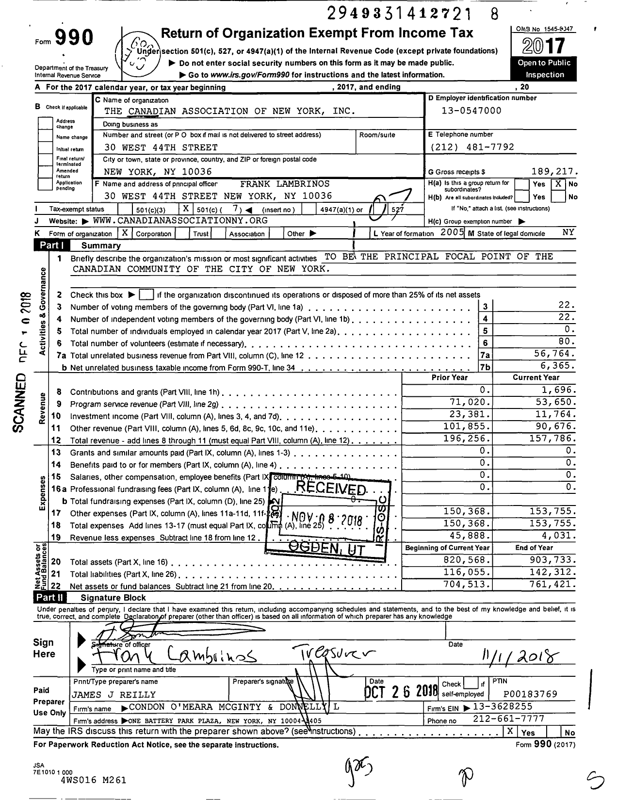 Image of first page of 2017 Form 990O for The Canadian Association of New York