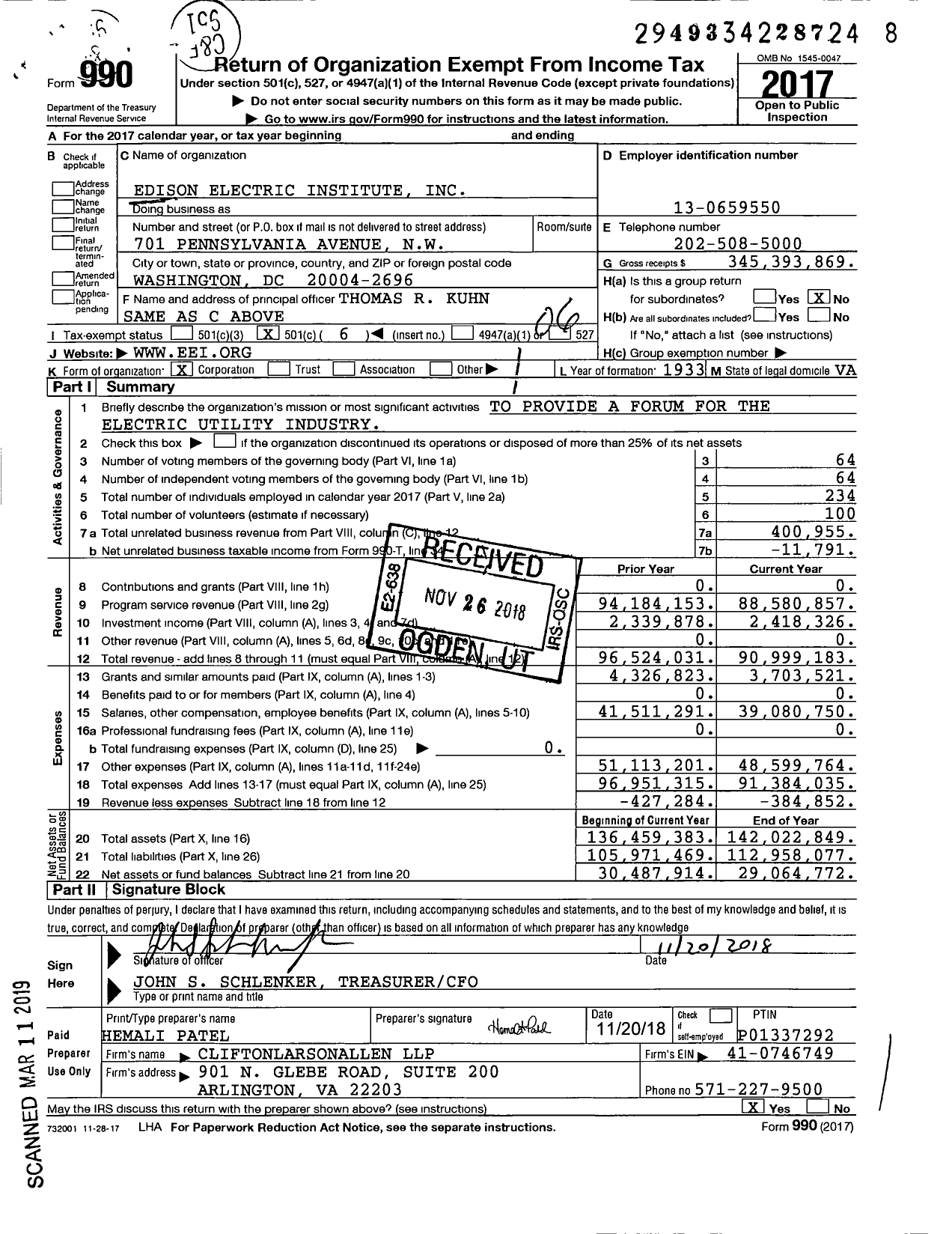 Image of first page of 2017 Form 990O for Edison Electric Institute (EEI)