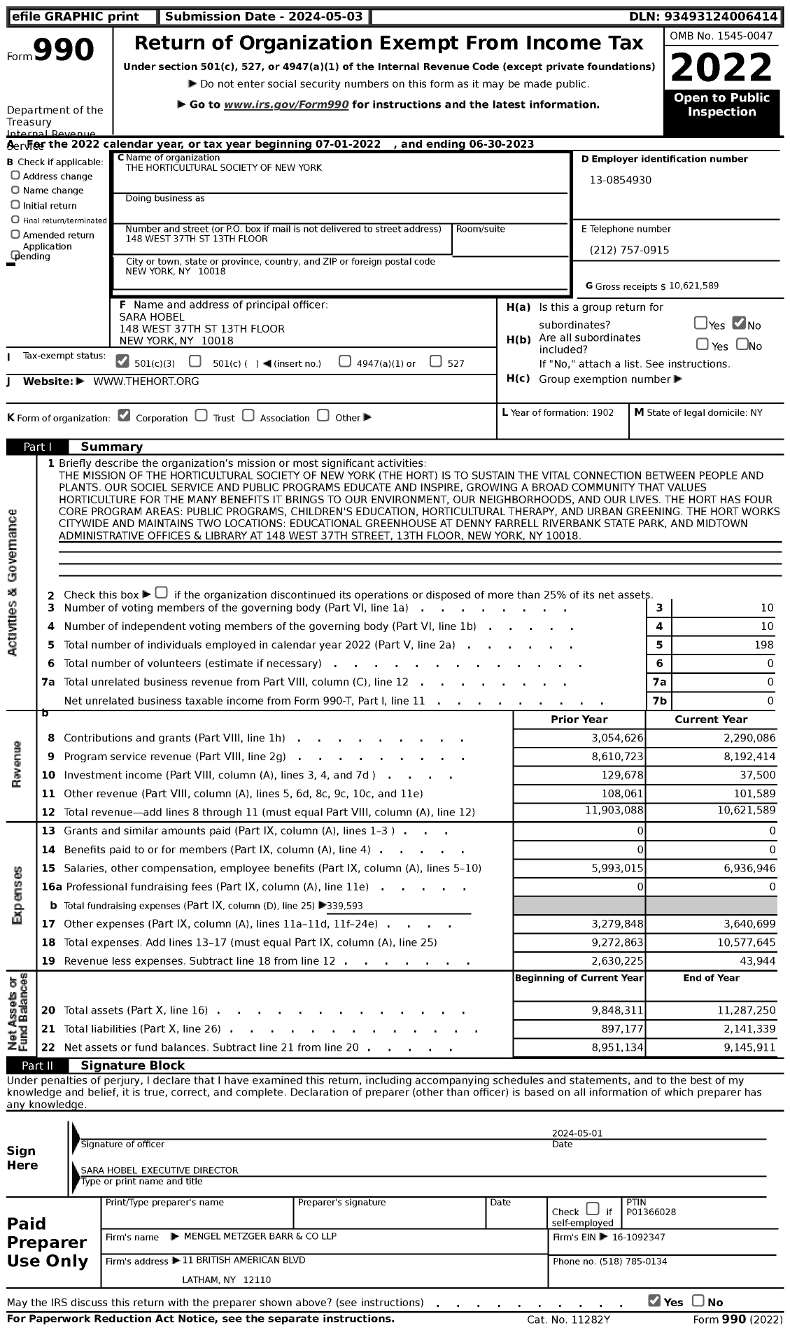 Image of first page of 2022 Form 990 for Horticultural Society of New York (HSNY)