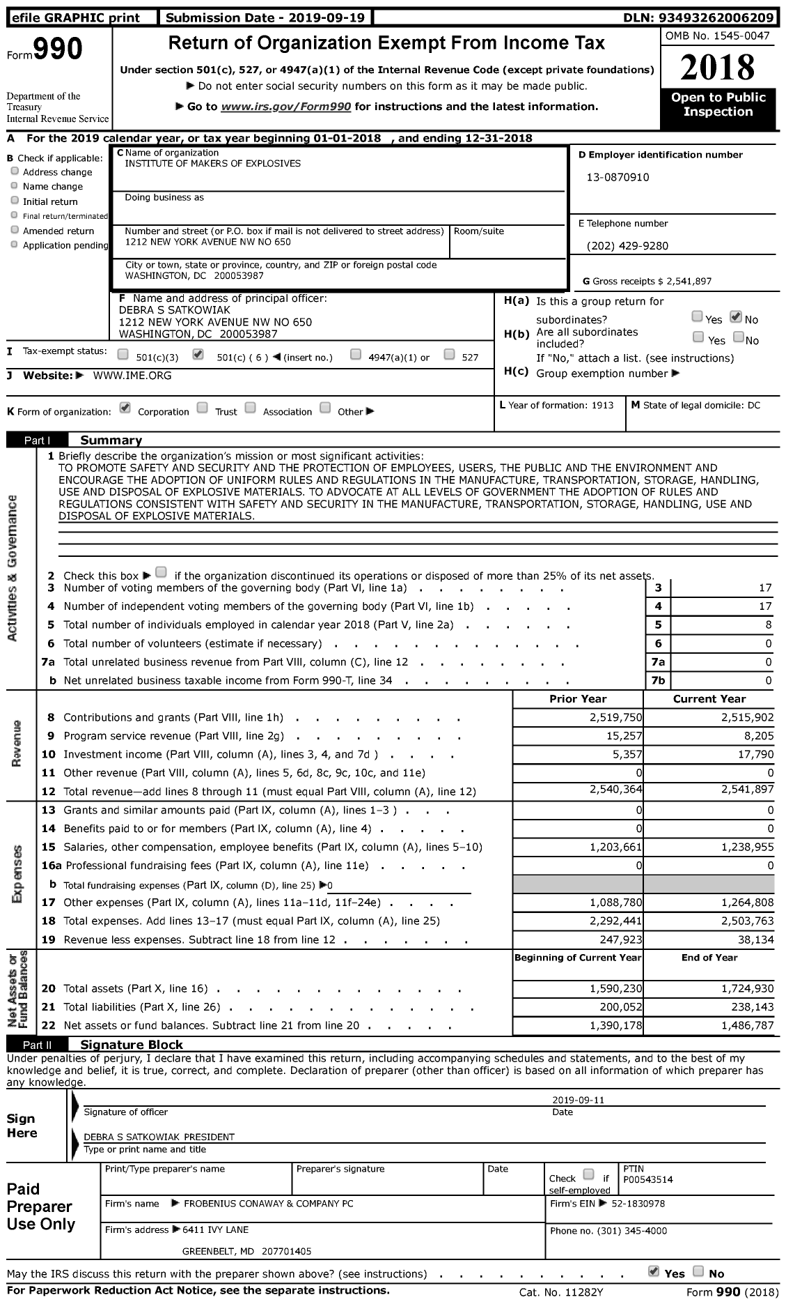 Image of first page of 2018 Form 990 for Institute of Makers of Explosives (IME)