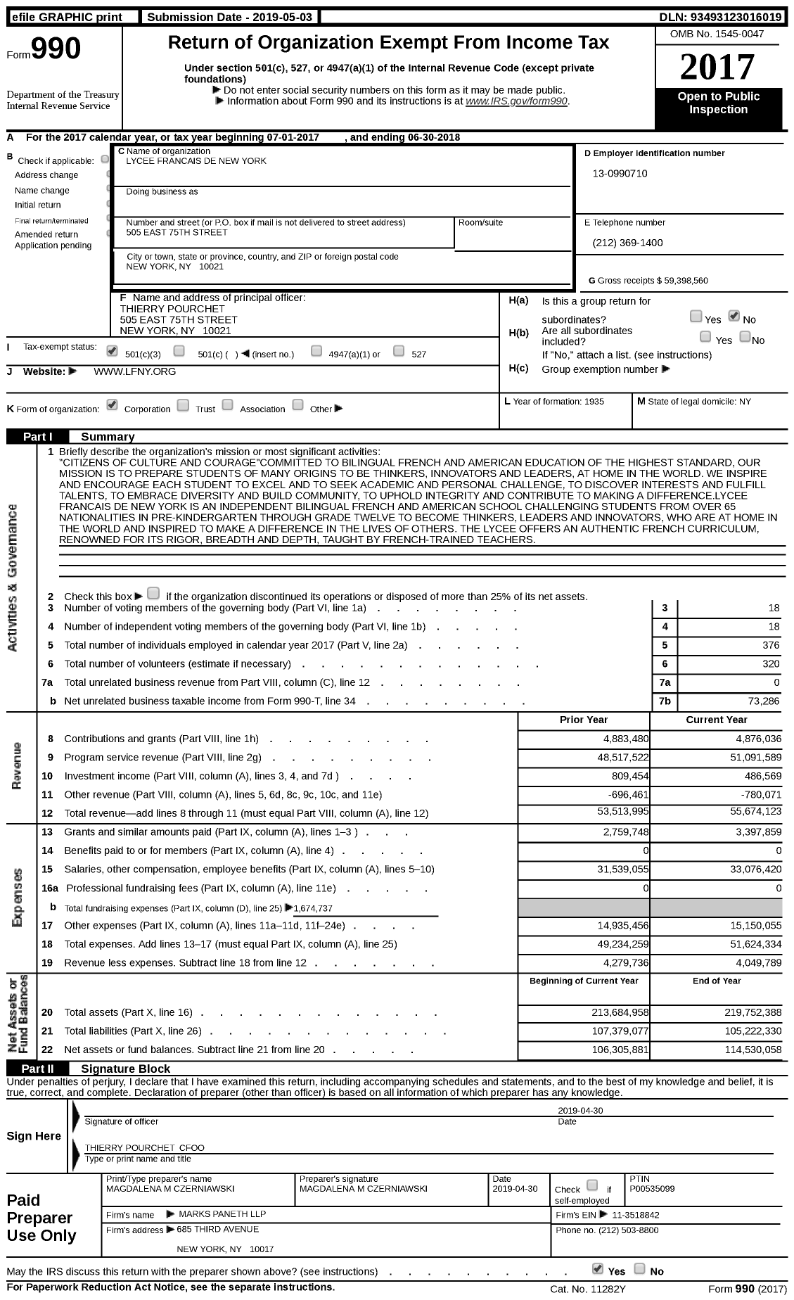 Image of first page of 2017 Form 990 for Lycee Francais De New York (LFNY)