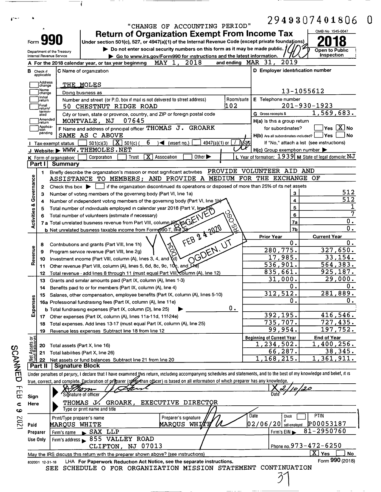 Image of first page of 2018 Form 990O for The Moles