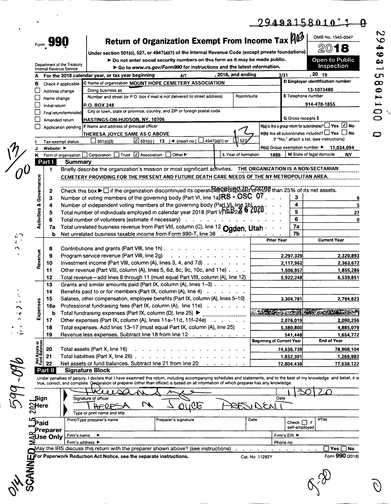 Image of first page of 2018 Form 990O for Mount Hope Cemetery Association