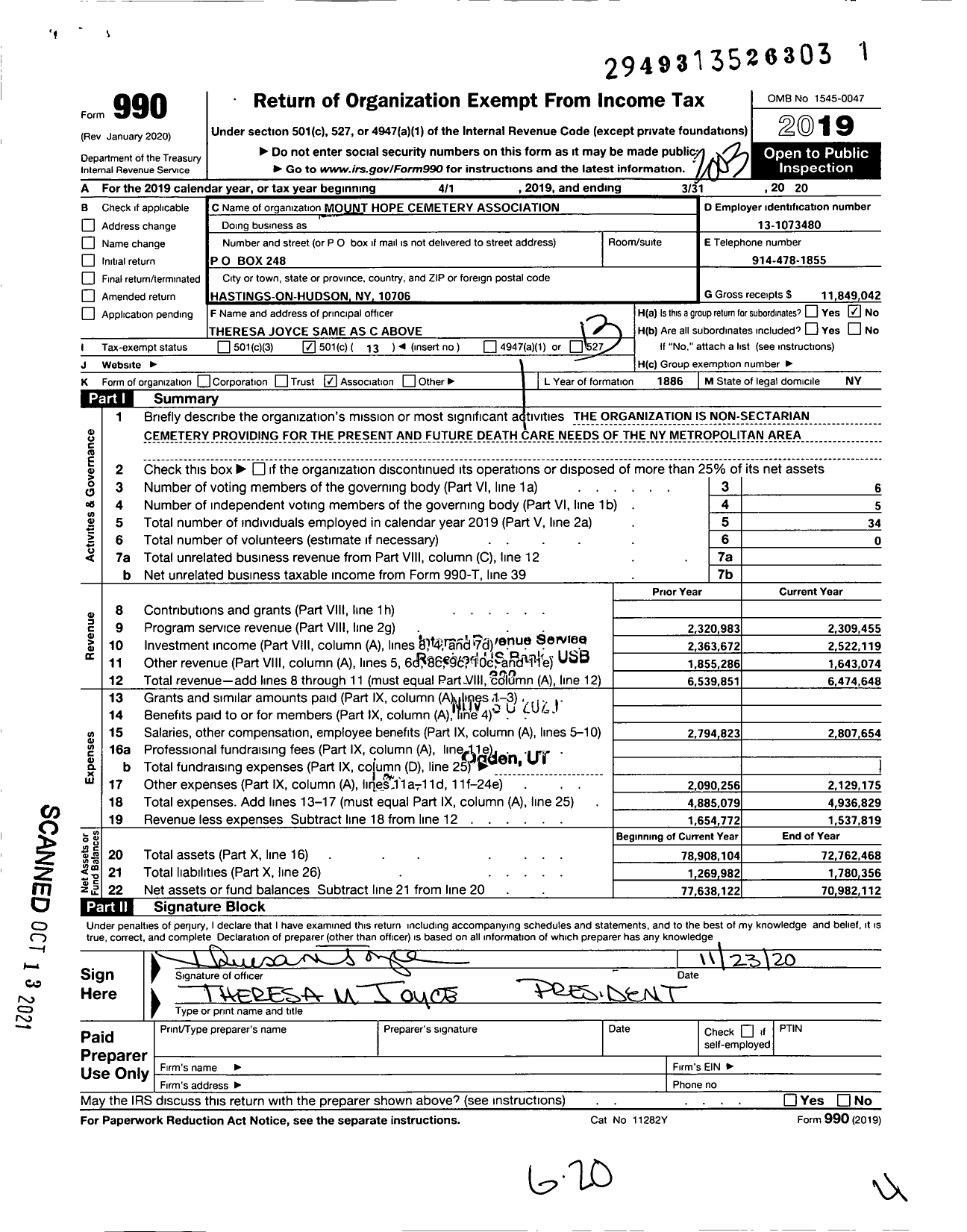 Image of first page of 2019 Form 990O for Mount Hope Cemetery Association