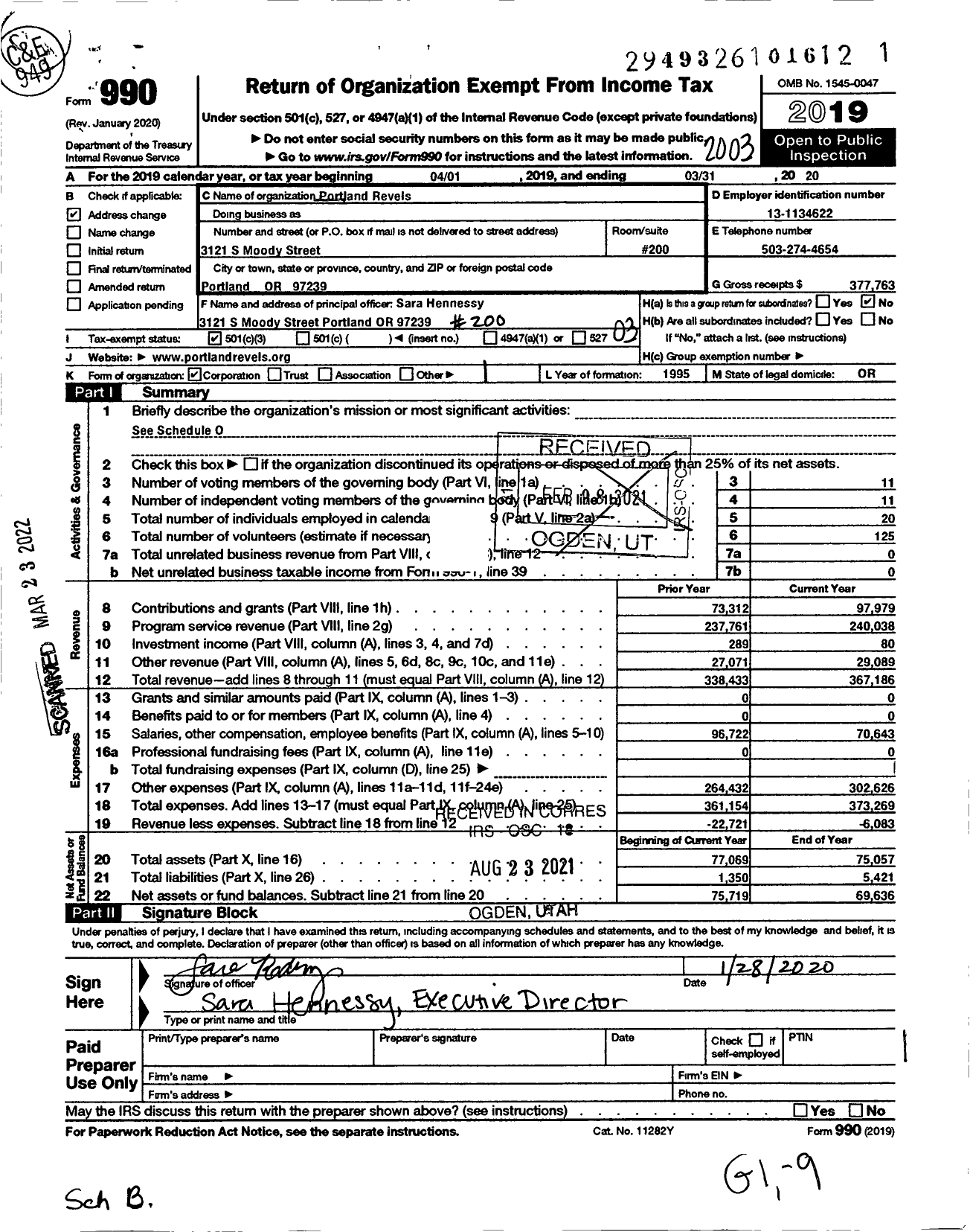 Image of first page of 2019 Form 990 for Portland Revels