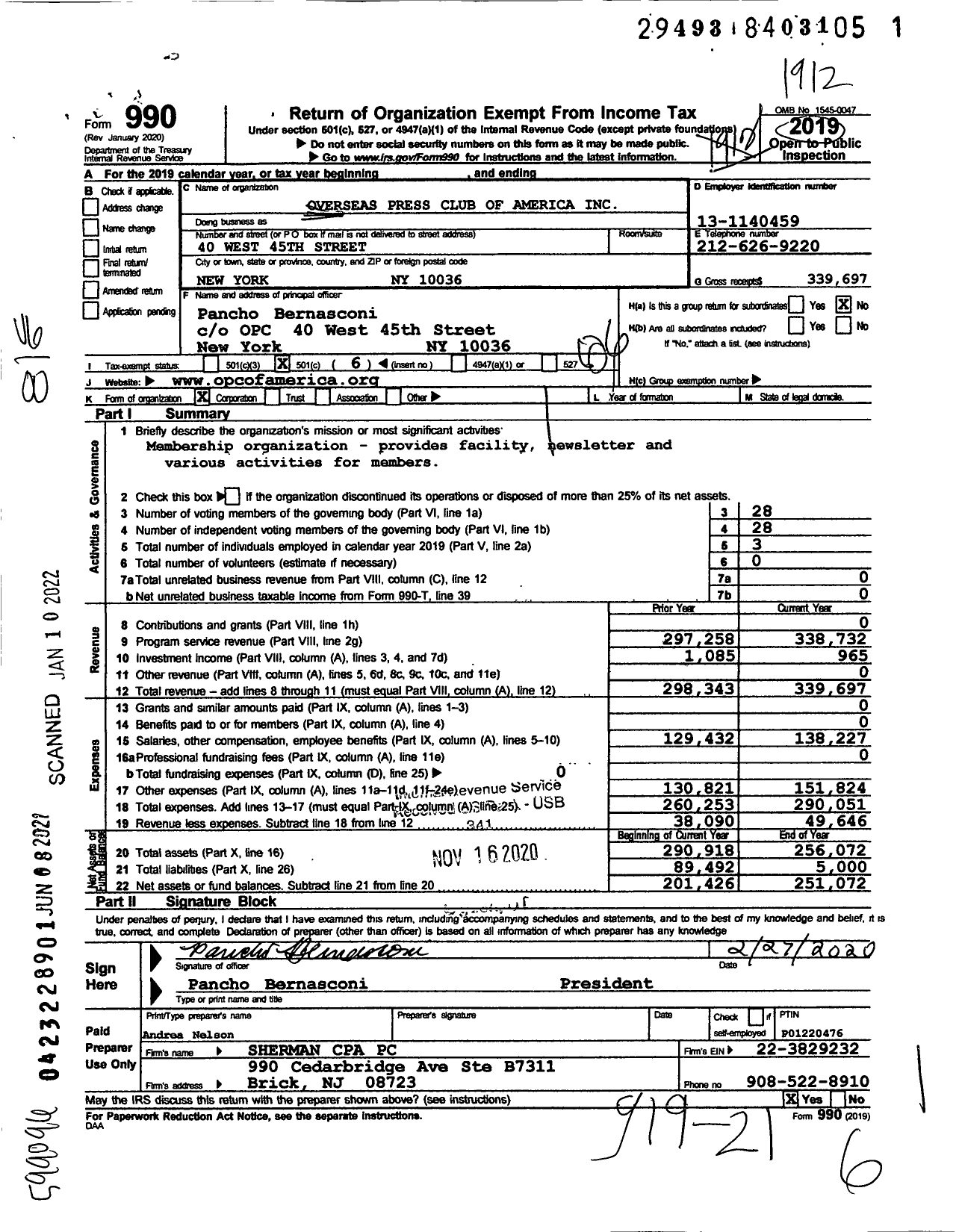 Image of first page of 2019 Form 990O for Overseas Press Club of America