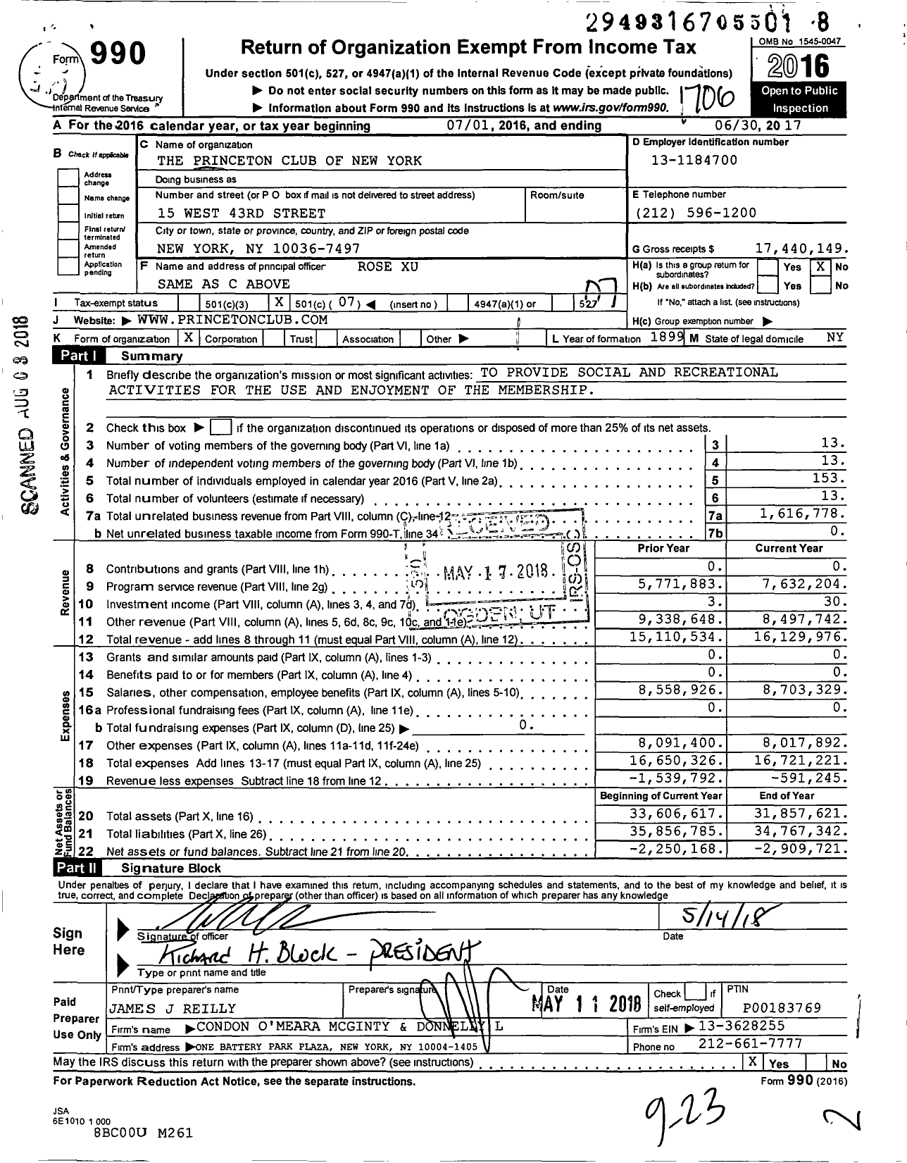 Image of first page of 2016 Form 990O for The Princeton Club of New York