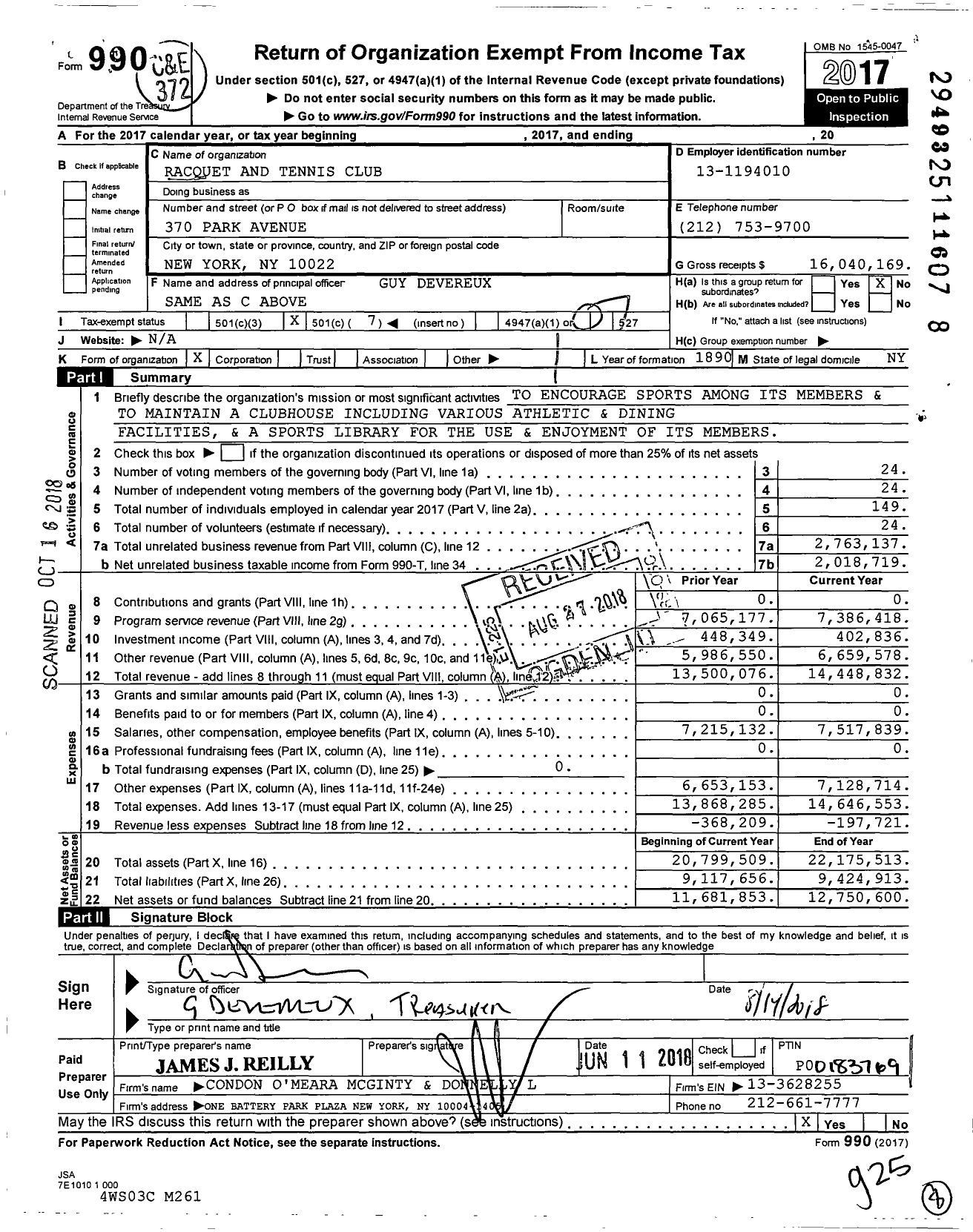 Image of first page of 2017 Form 990O for North Shore Tennis and Racquets Club (NSTRC)