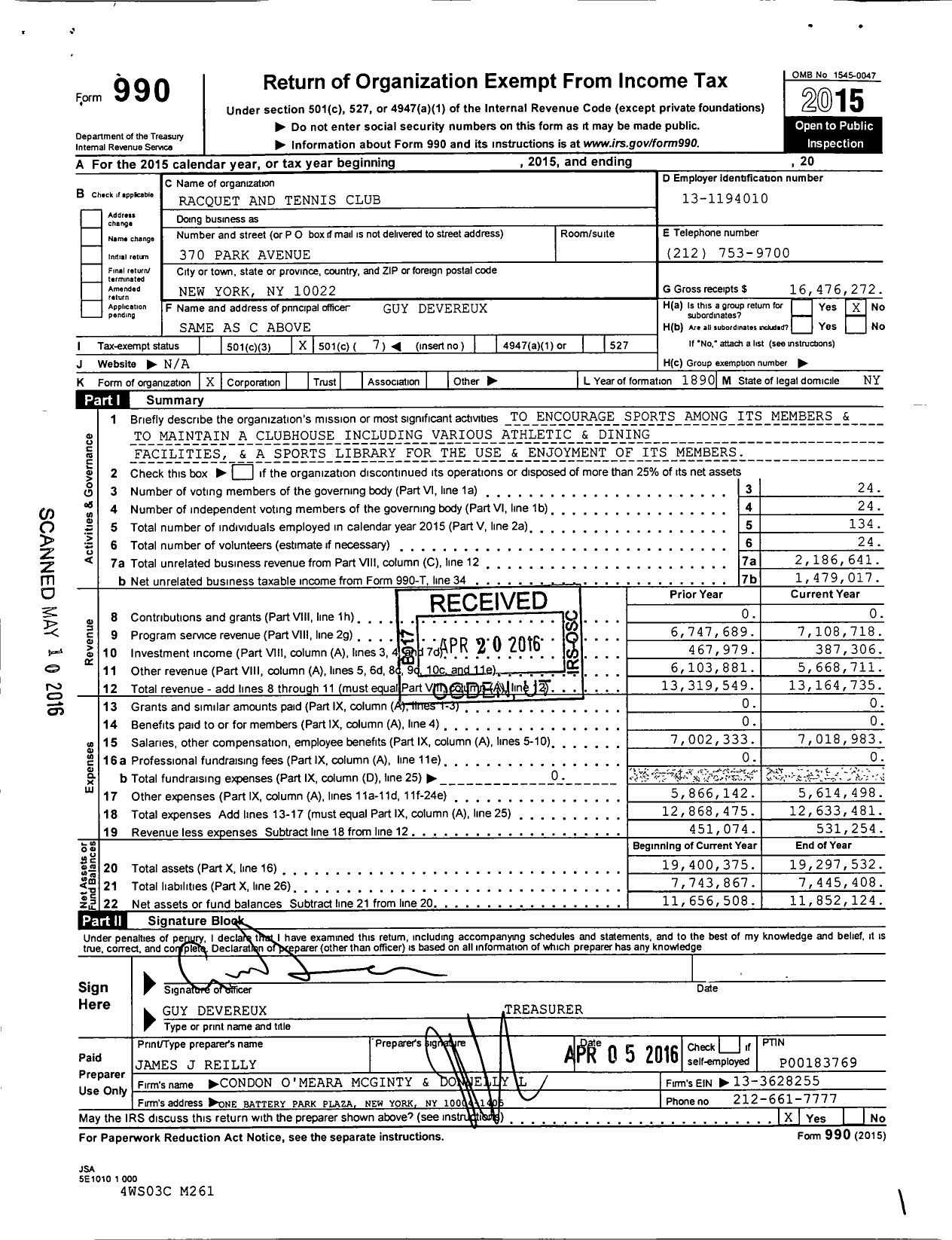 Image of first page of 2015 Form 990O for North Shore Tennis and Racquets Club (NSTRC)