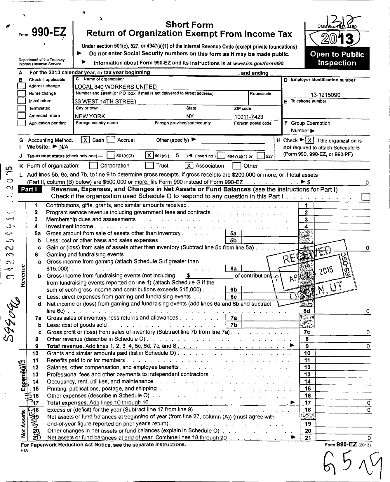 Image of first page of 2013 Form 990EO for Workers United - 340 Local