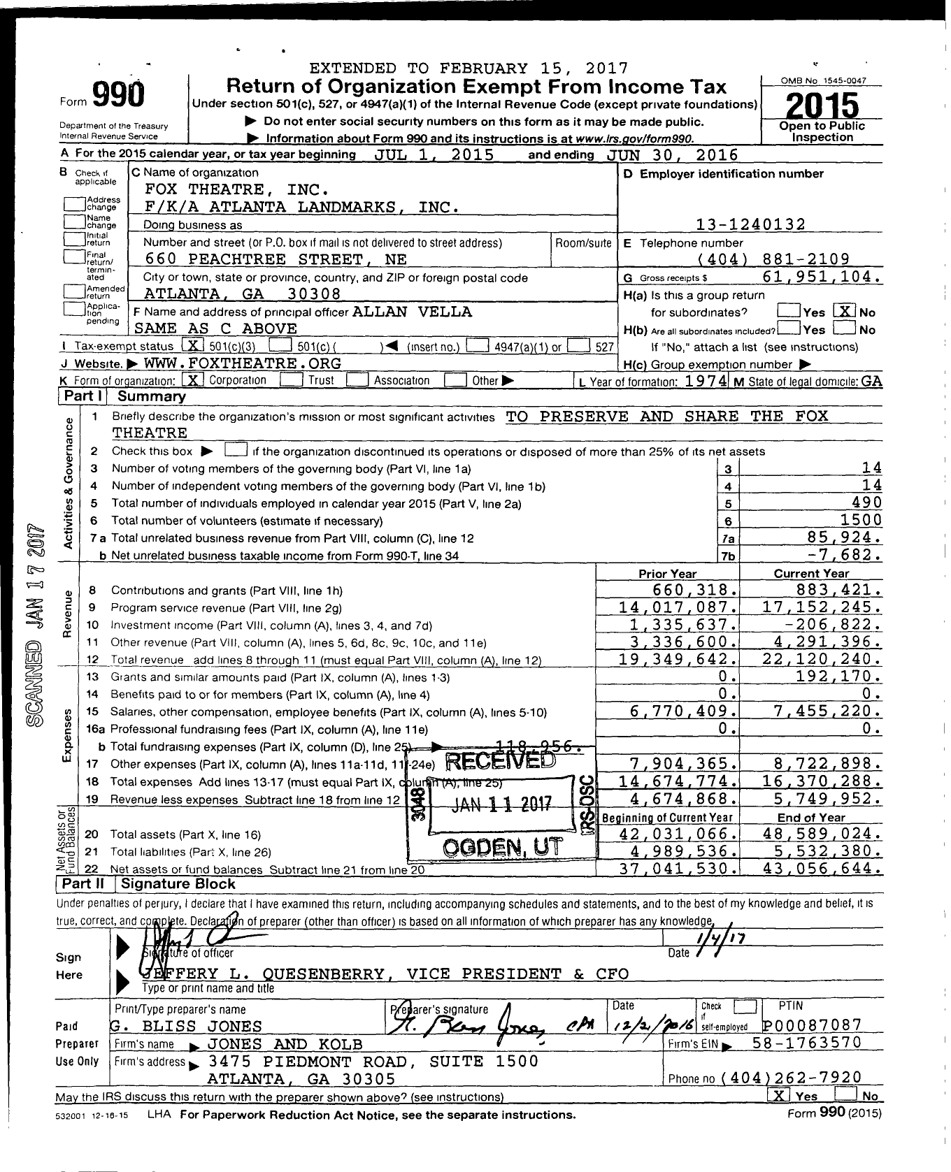 Image of first page of 2015 Form 990 for Fox Theatre
