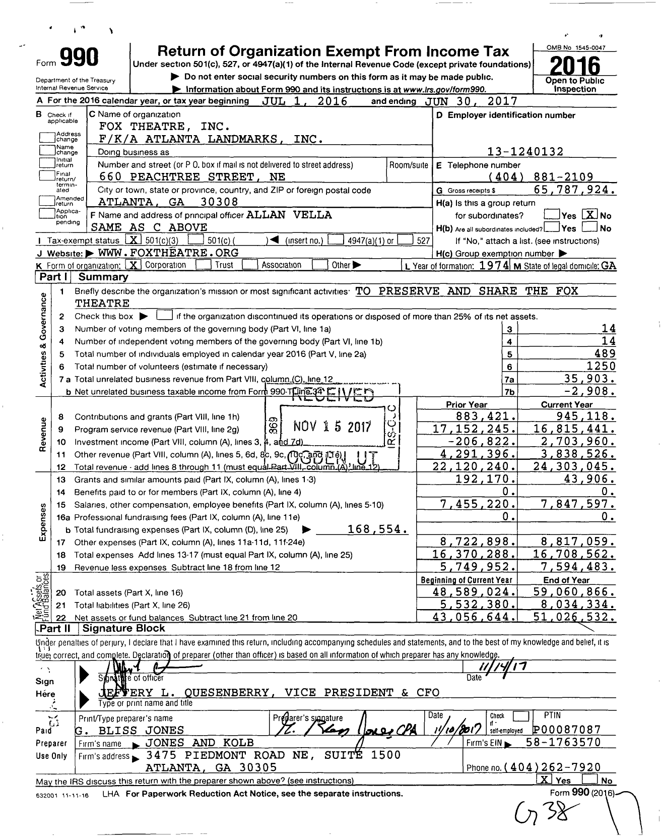 Image of first page of 2016 Form 990 for Fox Theatre