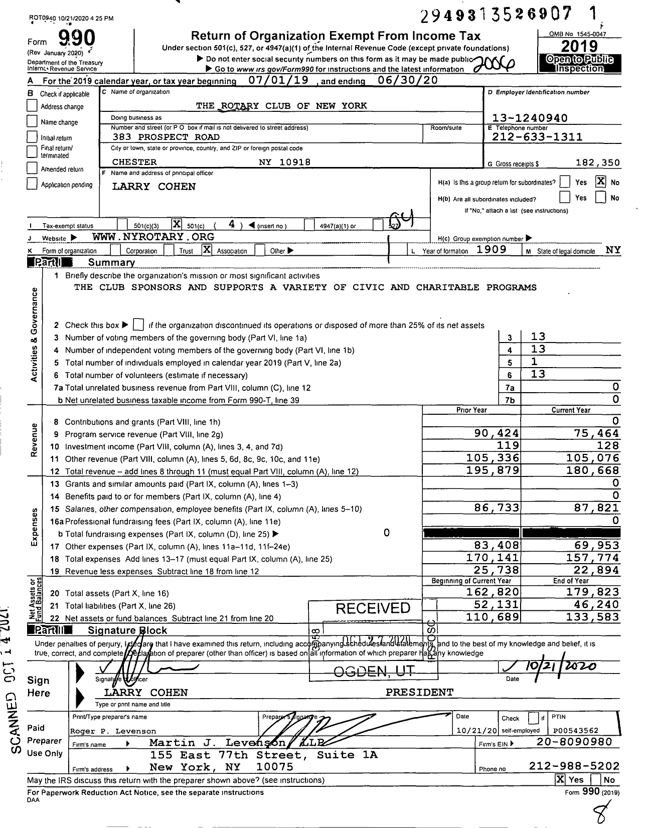 Image of first page of 2019 Form 990O for Rotary International - Rotary Club of New York